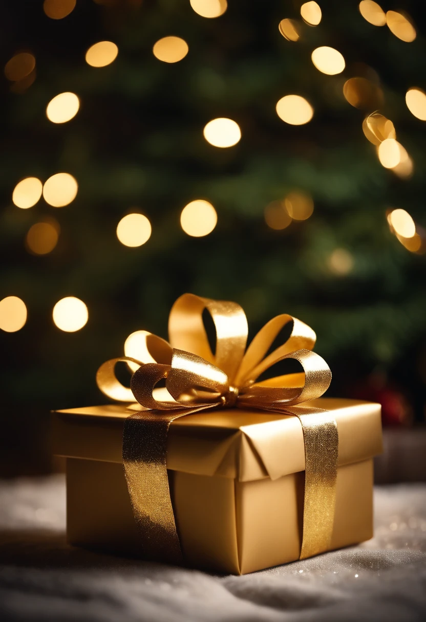 A beautifully wrapped gift box with a shimmering gold bow, placed delicately under a sparkling Christmas tree.