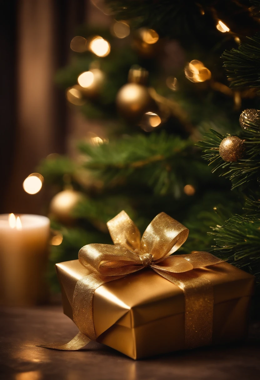 A beautifully wrapped gift box with a shimmering gold bow, placed delicately under a sparkling Christmas tree.