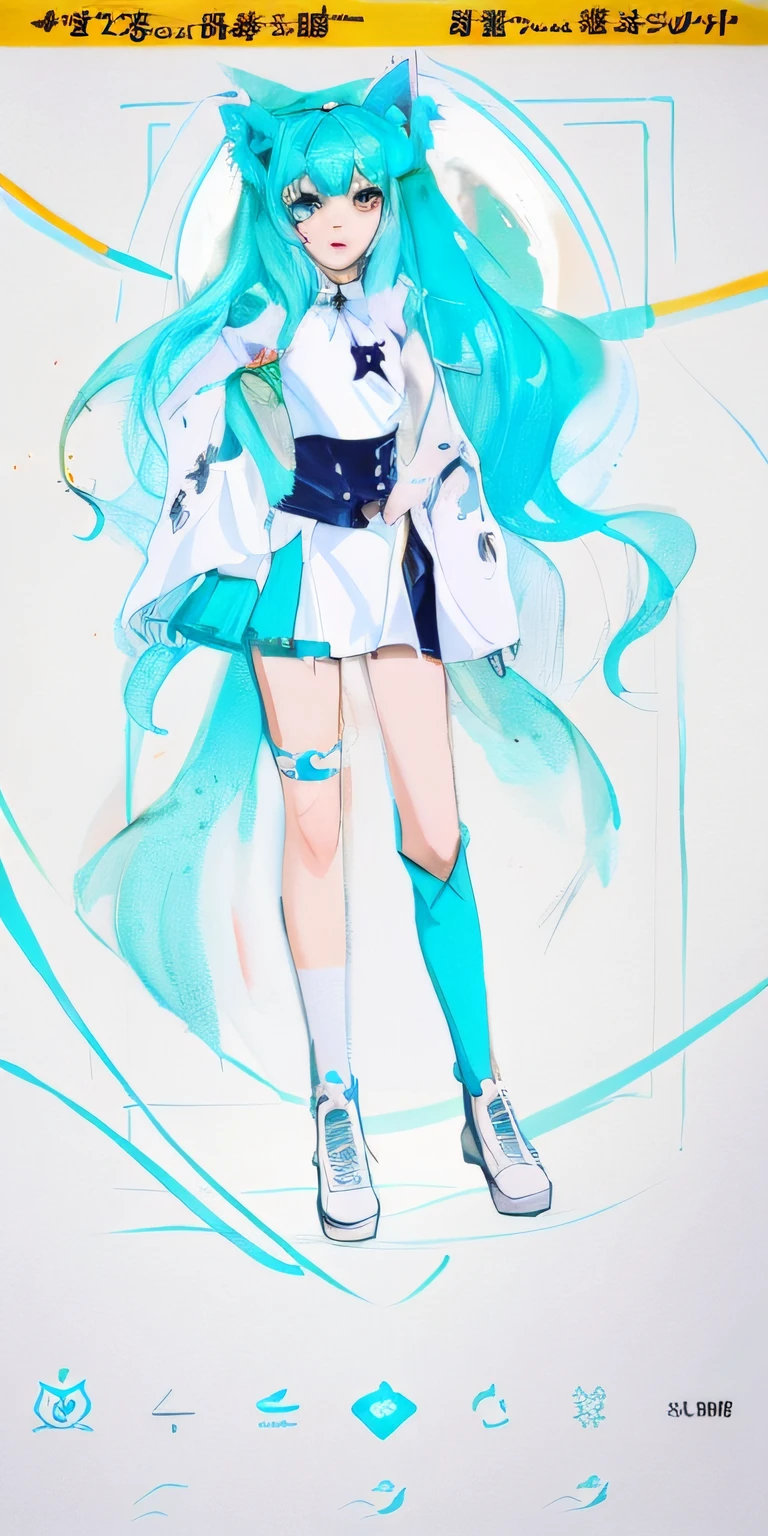 Close up photo of a person with cat ears, Costume Design, Fully adoptable, Neat costume design, [ character design ], full body concept, Moon-themed costumes, Full Body Character Design, 2 d anime style, Animation full-body illustration, You can adopt a character., Telegraph Commission, Full-body painting, colourfull! character design, White and turquoise clothes