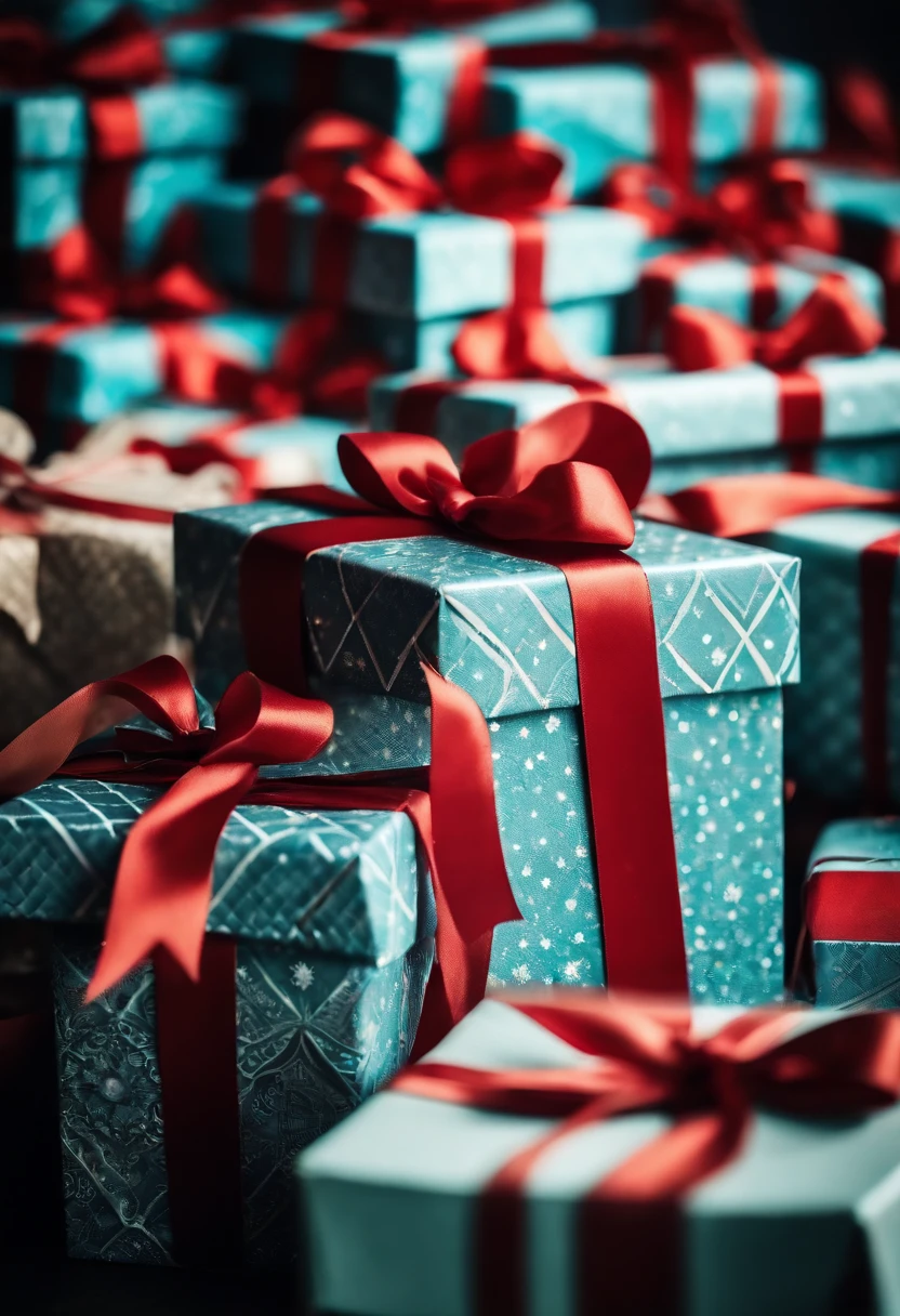 A close-up shot of a stack of festive gift boxes, each adorned with unique patterns and ribbons, ready to be opened.