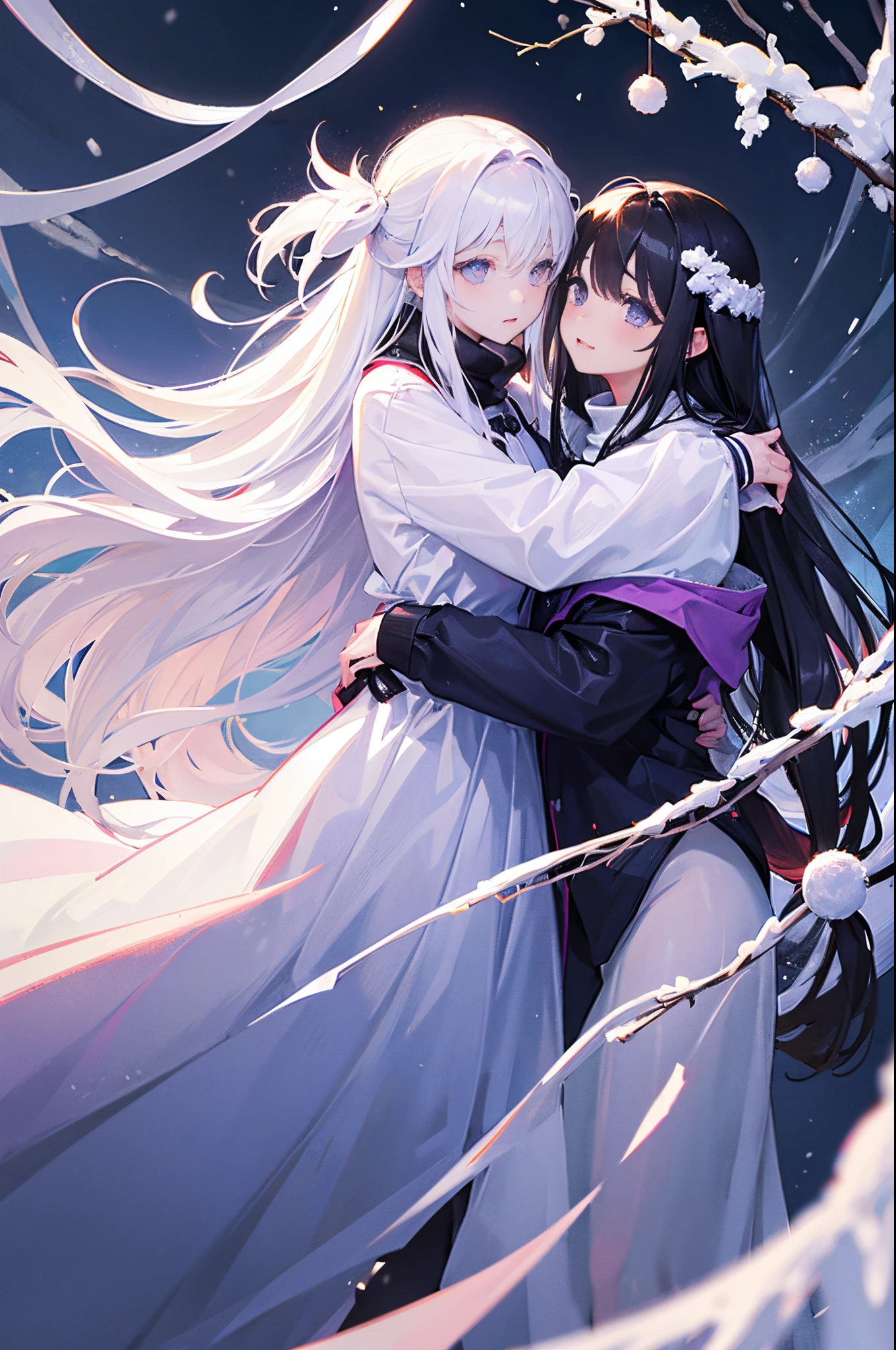 1man, sharp blue eyes with sharp pupils, white sharp hair and he was wearing black robes and, intimate hug with his red-eyed black hair
wife((41 year old face))