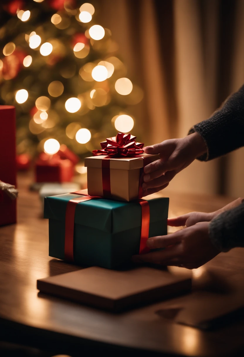 A hand holding a perfectly wrapped gift, slowly placing it on a table alongside other presents, creating an inviting display.