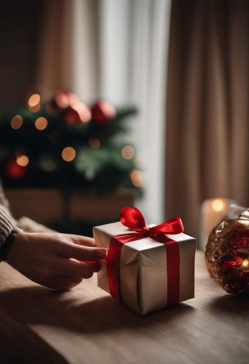 A hand holding a perfectly wrapped gift, slowly placing it on a table alongside other presents, creating an inviting display.