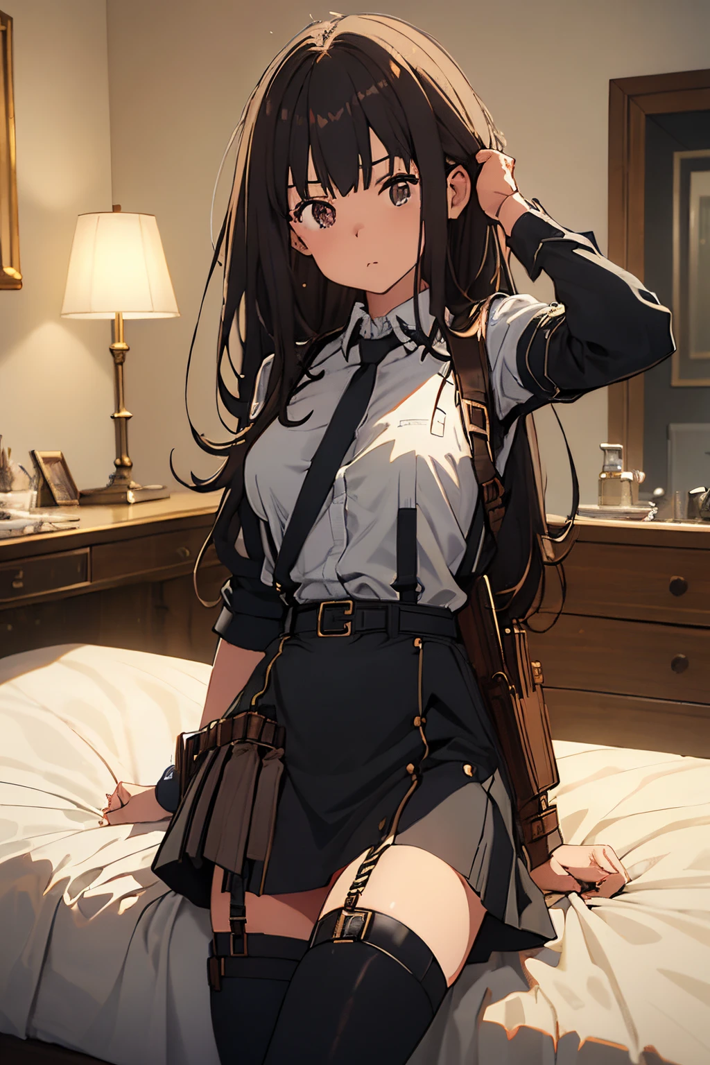 ​masterpiece、flat-colors、depth of fields、lens flare 1 girl、、Brown hair、watching at viewers　　　black suspenders　　　big breasts　　　 　 　　　walls: 　Black miniskirt　garters　　　　　　Gaze　　　Small face　bangss 　　　holster　　Belt Armament　Beautuful Women　srestrained　hands up　Lying in bed　Leg holster lying on the bed