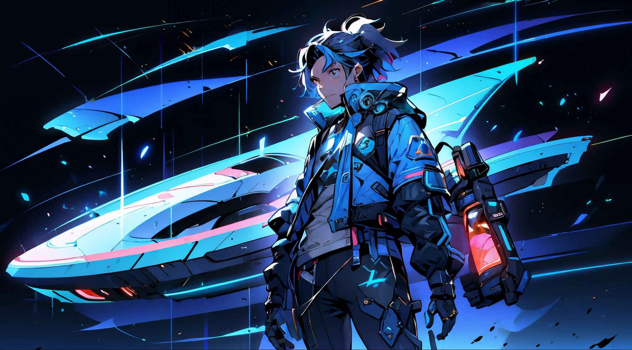 A boy flies a spaceship from left to right,Blue flames trail behind the spaceship