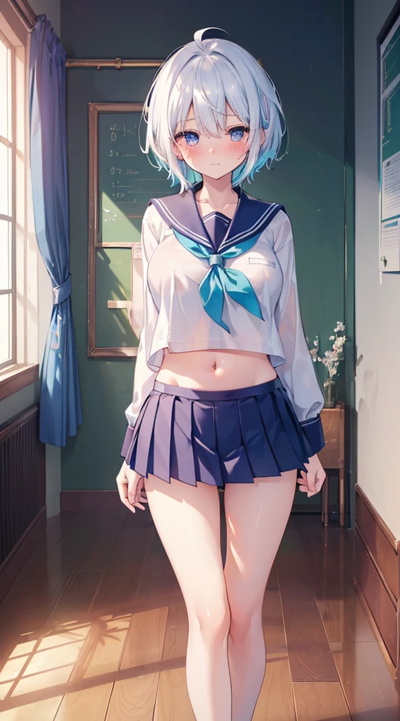 (​masterpiece、Highly detailed 8k CG、Sharp lines)、hi-school girl、blue hairs、cute little、serafuku、White underwear and skirt、skirt rift、panties on、thighs thighs thighs thighs、Sexy poses showing anime style、Beautiful Anime ******girl、A seductive anime girl、smooth anime cg art、Beautiful anime ******girl、beautiful anime girl、(I closed one eye、put index finger on mouth:1.2)、a sailor suit、Pleated miniskirt、Curve、No bra、(Lifting skirt、I can see her:1.2)、thighs thighs thighs thighs、(Navel Ejection:0.4)、Dynamic Pose Beautiful and perfect legs, Clean and perfect hands、Straight shorthair、One eye is hidden by the bangs