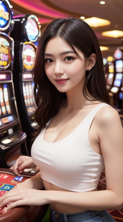 1girl in、25 years old、big breastm、I can see the lower chest..、Esbian Full Body、dark hair、Hotpants、trousers、beach、slight smile、(Random background,In casinos,VIP casino room, Modern Casino Console, Modern Slot Machines )
