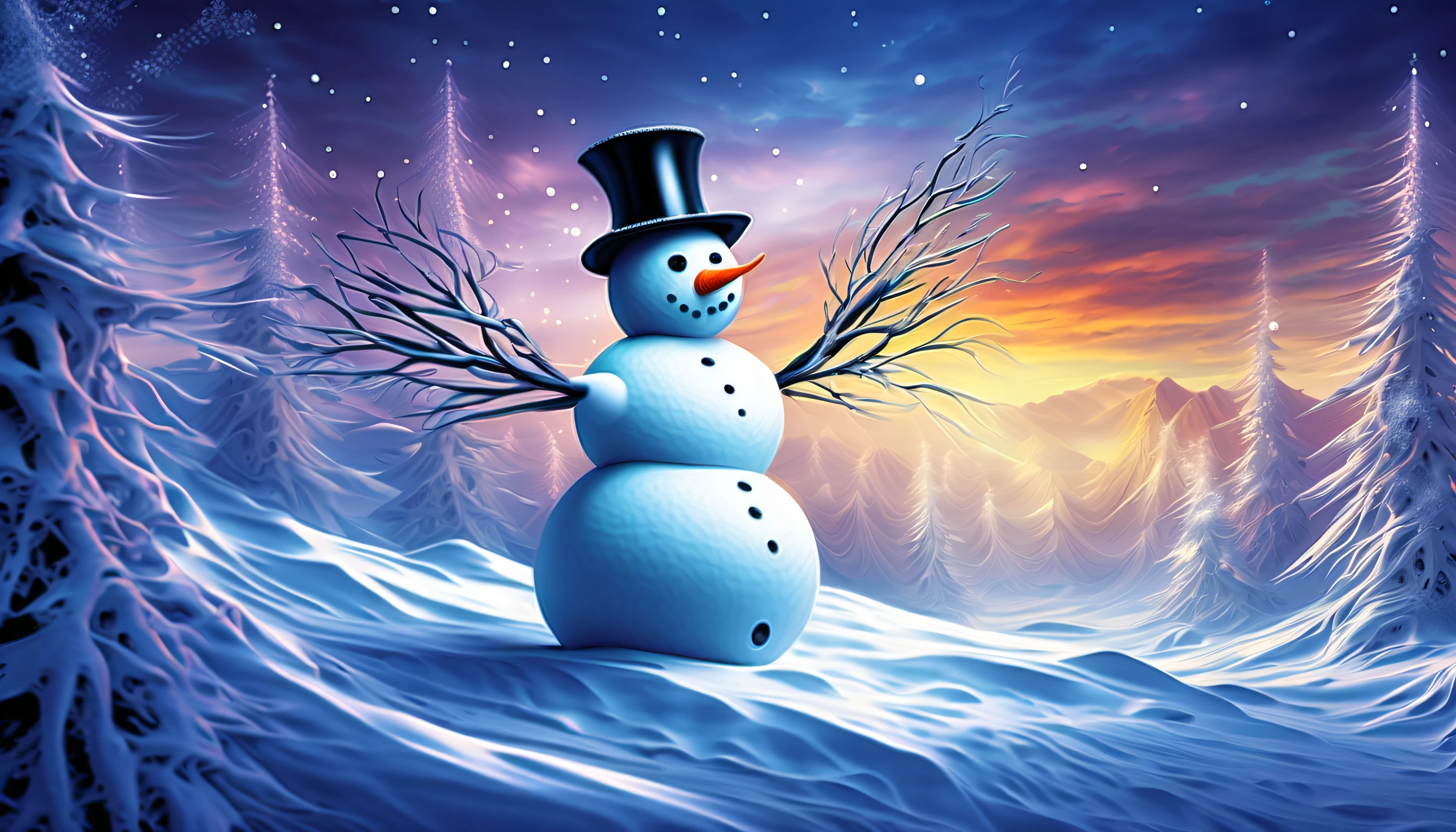 (((mythical fantasies detail snowman:1.3))), stunning detail steel_punk, ice smoke glow, info database, snow wish, epic composition paradise background, fairy tale, (((intricate insane details:1.3))), rich colored, high contrast, hazy glow black sun, power and beauty stroke, just wonderful, which is quite fantastic, very nice, glittering snow dust, field of glowing stars, (((radiosity rendered in stunning 32k resolution:1.3))), highest quality, highly quality,
