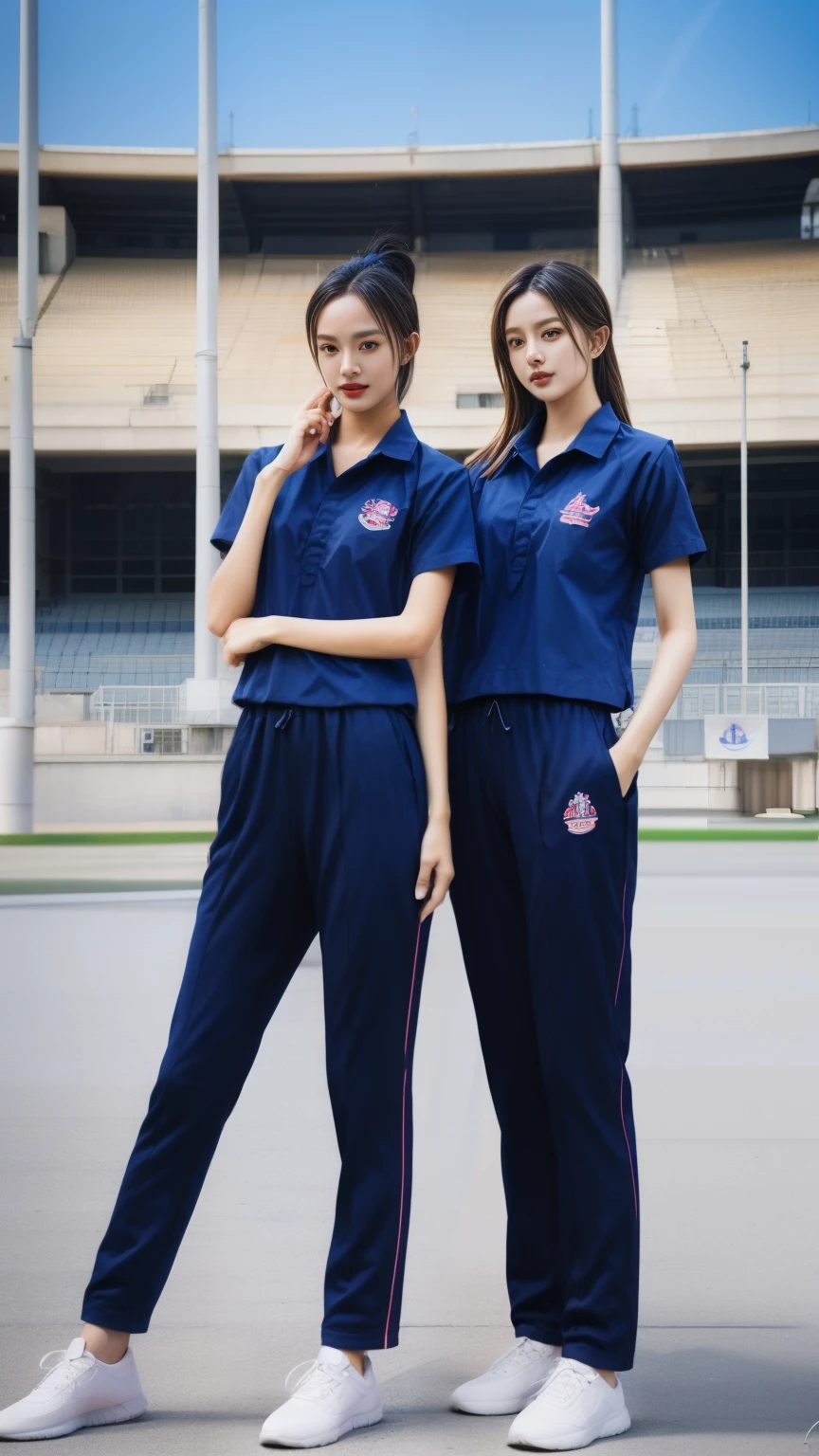 (bestquality,10,10,highres,masterpiece:1.2),ultra-detail,(Realistic,photorealistic portrait,photo-realistic:1.37),1 Cute girl in the football field,oily shiny skin,bara,light smile,BDclothes,((blue shirt:1.3)),short sleeves,shirt, trousers.,(navy_long_Pants Track:1.1), ((Stadium Background:1.3)),dynamic angle,excited,face focus,Dynamic Poses,from behide,Ass Focus,masterpiece, bestquality, ultra realistic, hyper-detail, 8k resolution, RAW photo, crisp focus, ((Navy blue shirt:1.1)), short sleeves, Long Path, Perfect body, 2 mature women, 18yo, cinematic light,Blue sweatpants,Gymware,Correct anatomy,Complete body, Correct body, sharp face, Anatomically correct body, full entire body, Realistic gestures, long-haired, Realistic poses,Wear long shorts................,Long leg span,Shapely,Sculpting Girl, Slender Figure, mannequin mannequins, Shapely, Beautiful body,Blue sweatpants, Two girls kissing
