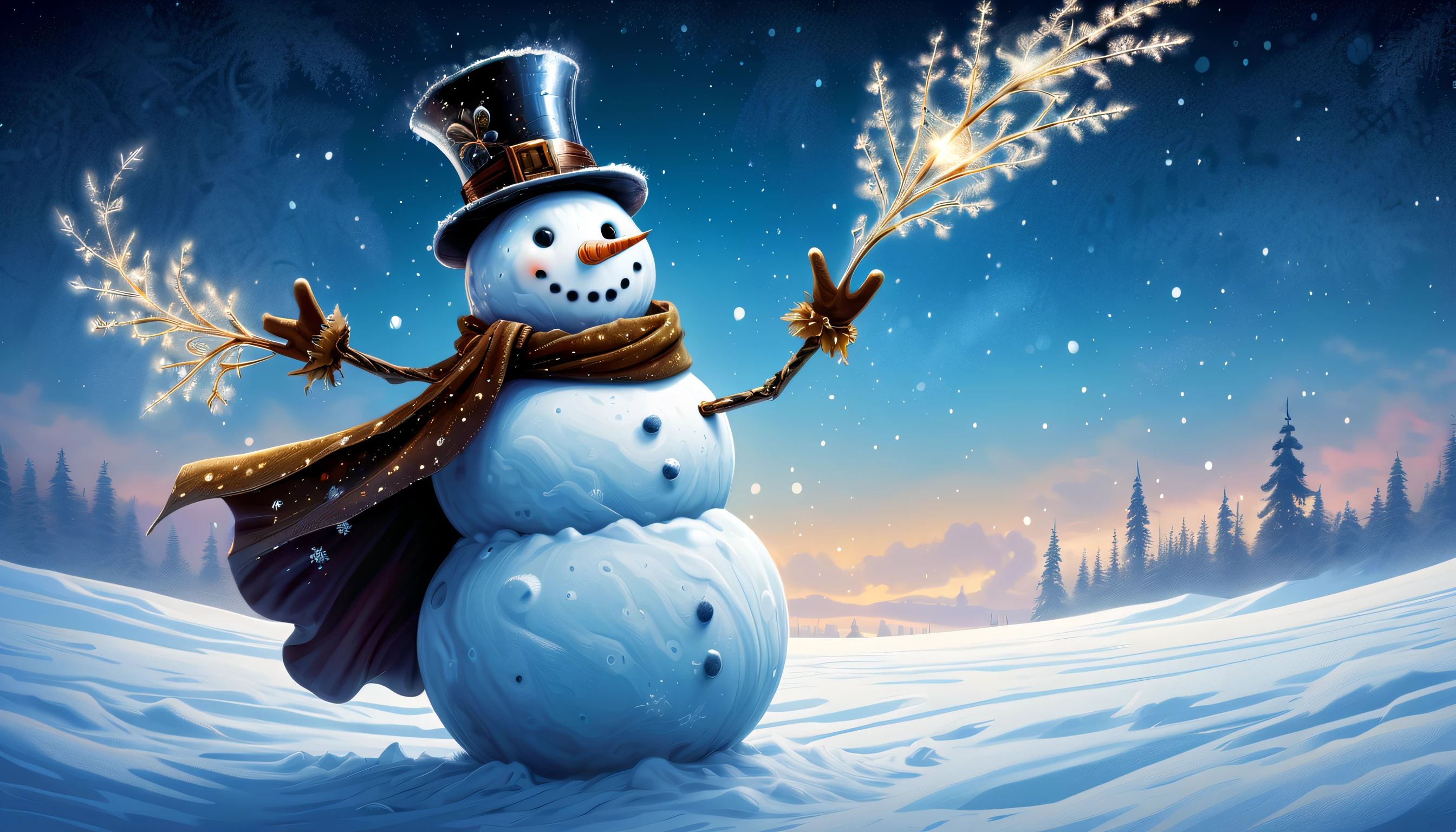 cyber fairy grunge steampunk snowman, dances among the falling snowflakes, it's just wonderful, which is quite fantastic, very nice, glittering snow dust, field of glowing stars, digital brush creating every stroke, extremely incredibly detailed, (((intricate insane details:1.3))), exuding a sense of sophistication and maturity of stunning landscape illustration, highest quality, highly quality, (((radiosity rendered in stunning 32k resolution beauty:1.3))),