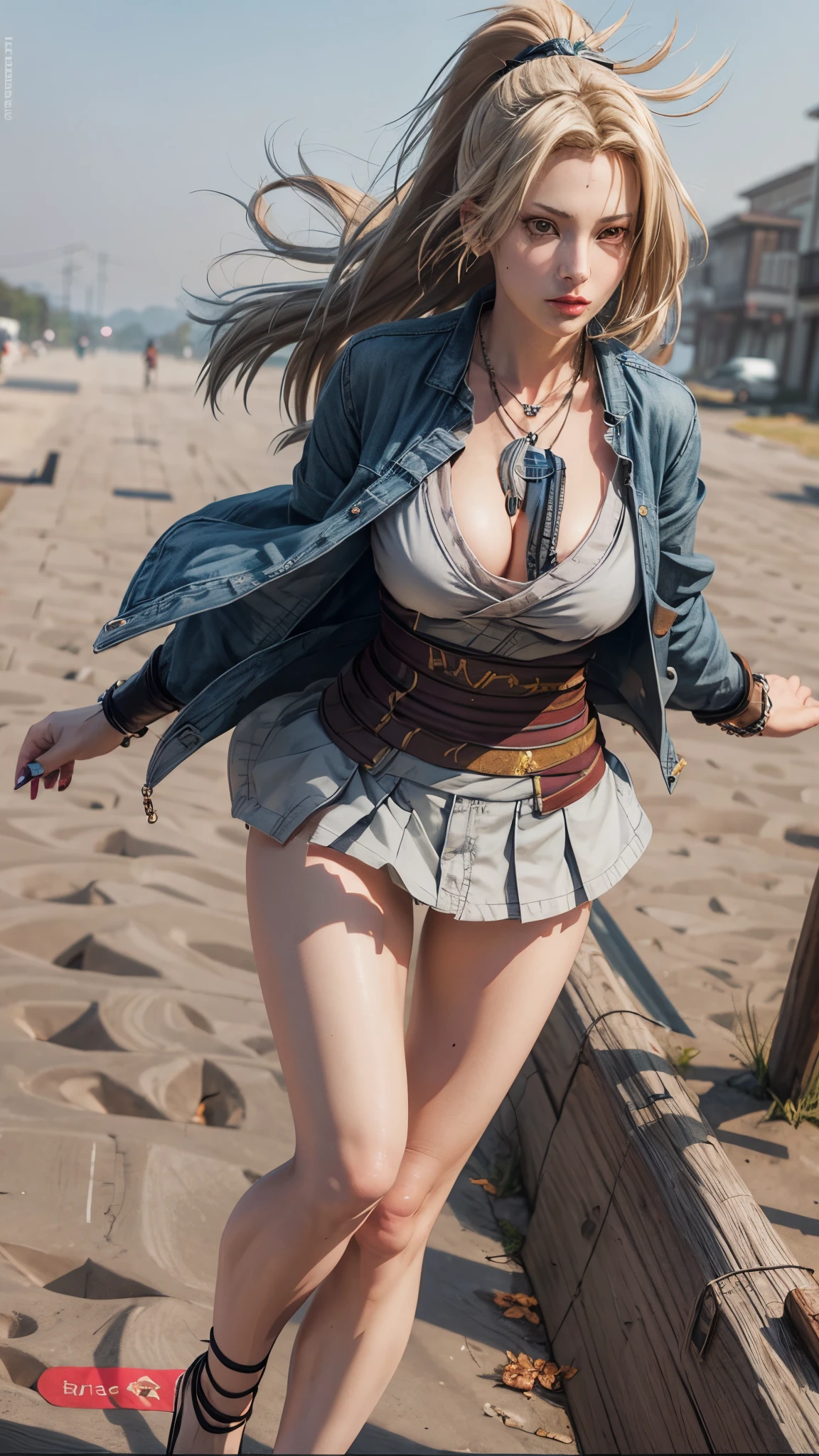 realistic, 1girls, Tsunade, best quality, 12k, HD, long hair, big round breasts, cleavage, ponytail, necklace, jewelry, shorts, slim hips, hair band, yellow eyes, yellow hair, super detailed, Eye details , hair details, person details, mouth details, face details, breast details, clothes details, hair details, pants details, hand details, whole body