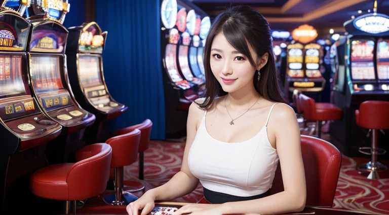 Masute pieces, bestquality, real light, finely detail, high-res, 8k wallpapers, Perfect dynamic composition, crisp focus, very realistic, beautiful detail eyes, medium hair, Full big breasts, Random and sexy poses, Bring your breasts together.., (Beige Tight O Neck Knit Tank Top, The cleavage is wide open..:1.4, High-cut panties), ((Breast bulge:1.2,(cleavage emphasis, Tank tops with a clear view of the shape of the chest..:1.3)), smile, opened mouth., Resort View, 25 years old, (drooling eyes,,:1.4), Adult Beauty, japan, Plain chain necklace, Large earrings, Shooting from the front, (Play Slot Machines,PG slot games),(Random background,In casinos,VIP casino room, Modern Casino Console, Modern Slot Machines )