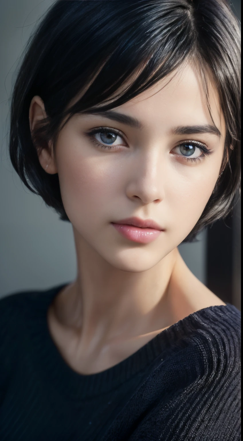 (masterpiece:1.3), (8k, photorealistic, RAW photo, best quality: 1.4), (1girl), beautiful face, (realistic face), (black hair, short hair:1.3), beautiful hairstyle, realistic eyes, beautiful detailed eyes, (realistic skin), beautiful skin, (navy blue sweater), absurdres, attractive, ultra high res, ultra realistic, highly detailed, golden ratio, dark, rim lighting