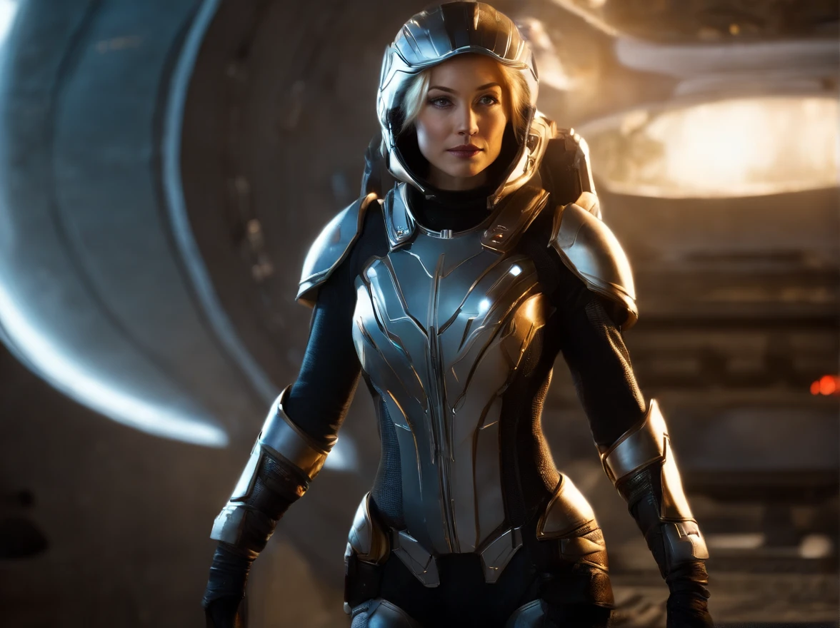 Prompts
Variations
(((Dressing:1.8, space warrior from the planet Terra Nova:1.8))), ((in a spaceship traveling:1.8)), ((holding weapon 1.8, facing forward:1.8, show beautiful body and determination at the camera 1.8)), ((full bodyt: with weapons 1.8)), Smiling smile, 1girl in, 18year old, 7headed body, Ideal ratio body proportions, erectile nipple, Medium Hair, small tits, A slender, Small buttocks, beauty legs, Skinny Legs, surrealism, Cinematic lighting, depth of fields, One-person viewpoint, F/1.8, 135 mm, nffsw, masutepiece, ccurate, Anatomically correct, Textured skin, Super Detail, high details, High quality, awardwinning, Best Quality, hight resolution, 8K Create an ultra-realistic portrait of Eira, the younger sister of Astrid, emerging as a promising space warrior from the planet Terra Nova. She shares the beauty, agility, and burgeoning warrior spirit of her older sibling. Eira is marked by her short, golden hair that cascades like a shooting star, and her bright, piercing blue eyes that mirror the youthful hope and potential she holds for the future. Her armor is the latest iteration of Terra Nova's technological evolution, form-fitting and designed to support her rapid development in both strategy and combat. The armor balances functionality with a sleek design, symbolizing her role as a new torchbearer of unity and a fresh face of discovery. The lighting should be gentle yet empowering, highlighting her fresh-faced but resolute expression, and the modern details of her suit. The background is a soft-focus glimpse of Terra Nova's landscape, representing the world she's training to protect. This image should radiate her fervent dedication to her planet and her people, capturing her essence as the nascent guardian nurtured by the Aegis AI, poised to meet the challenges of the cosmos alongside her sister