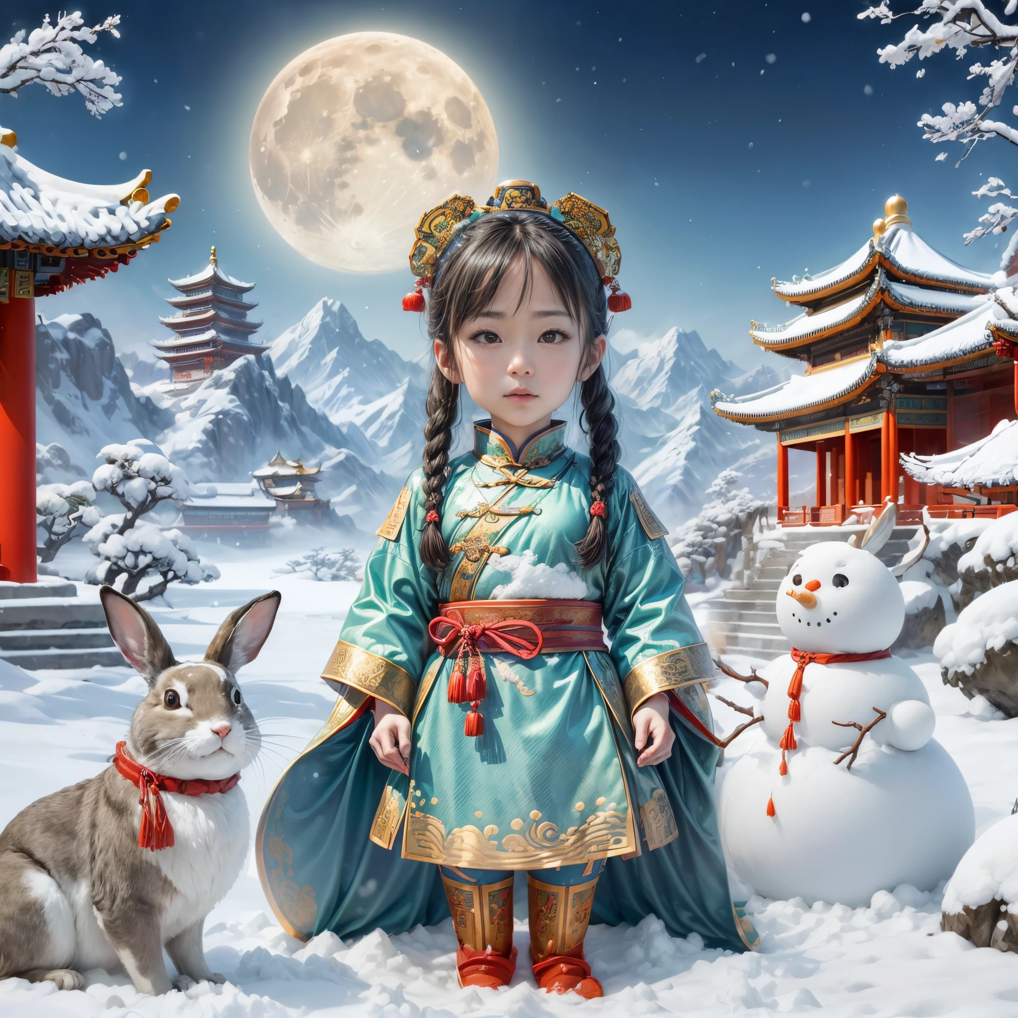 (Chinese Mythology Moon Palace Snow Scenery Draft:1.4),(Symmetrical:1.5),(tmasterpiece，1 girl playing with rabbit，Kneel on the snow，Make a snowman with your hands: 1.5, middle, Chinese elements)，(Snowman wearing an ancient Chinese official hat: 1.3),（China - chic illustration:1.2, Vector painting:1.2),(Chinese color,senior color matching),(Reasonable design, Clear lines, High- sharpness,Best quality, The content is very detailed, tmasterpiece, offcial art, movie light effect), (concept-art, Ghibli-style colors, ultra-realistic realism, hyper HD, tmasterpiece, Acura, Anatomically correct, super detailing, Award-Awarded, Best quality at best, A high resolution, 8K，The picture is bright，globalillumination，high saturated)