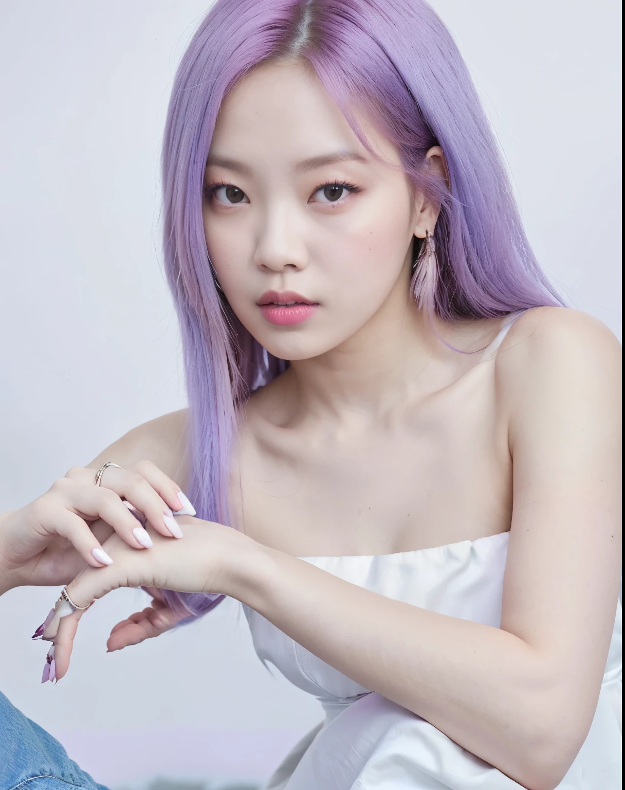 una mujer con cabello morado sentada en una silla con las manos en el pecho, Parque Roseanne de Blackpink, Color de pelo blanco, Jossi de Blackpink, Retrato de Jossi de Blackpink, cabello lavanda, Retrato Jisoo Blackpink, Cabello lila, Jisoo de Blackpink, Ella tiene el pelo morado, JIA, color violeta, Sun Yunjoo, Long light purple hair, Jisoo de Blackpink