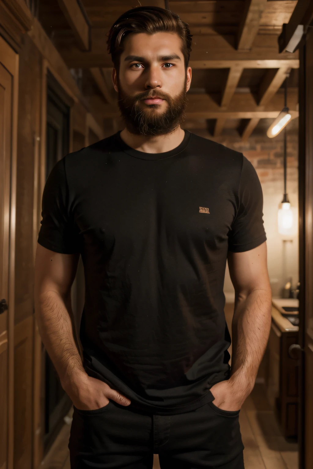 (best quality,highres:1.2),ultra-detailed,realistic,portrait:1.37,a 26-year-old man,standing tall,with a full beard on his face,a short hairstyle,looking into the camera,hands folded.