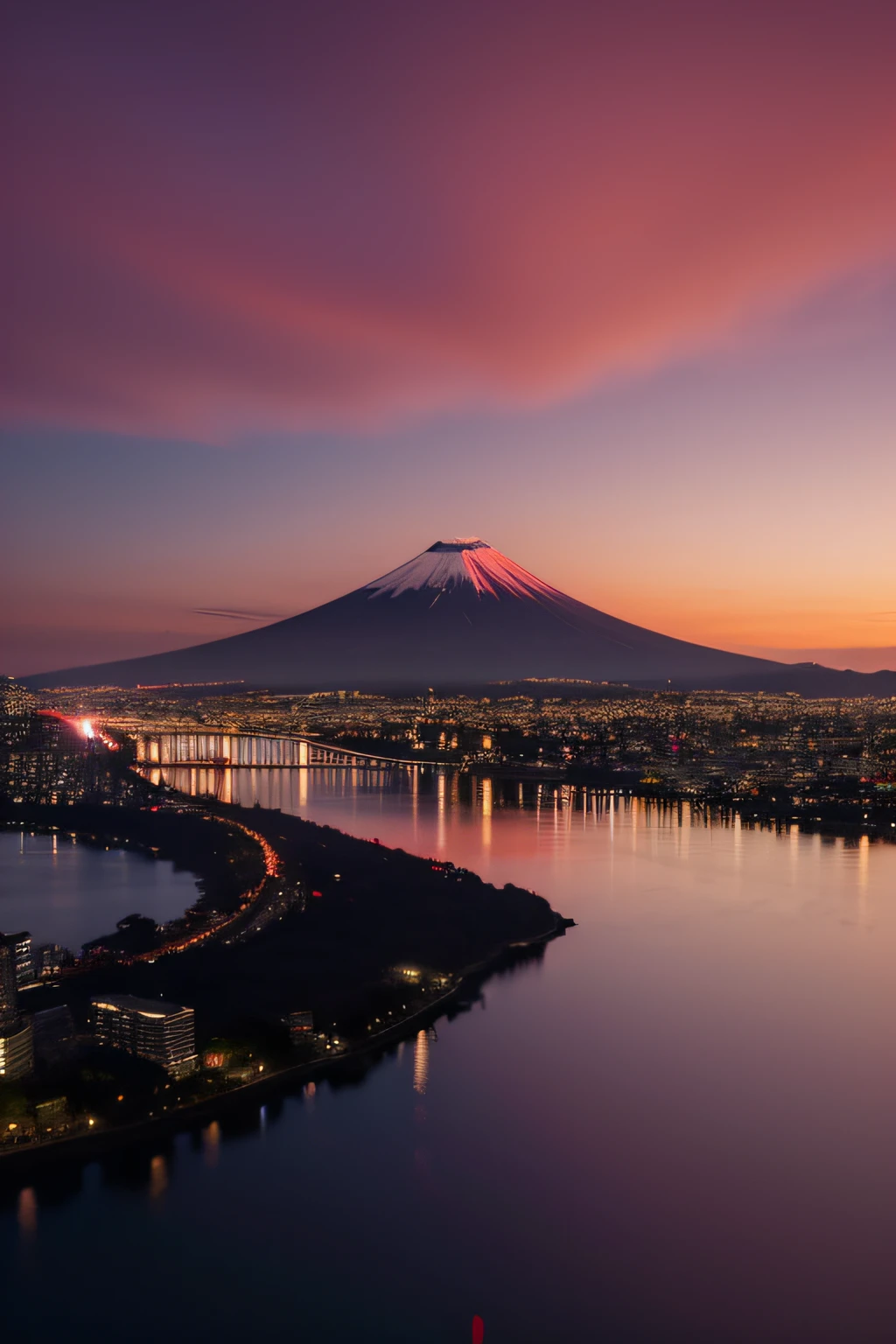 Cinematic, Scenic spot one, Mt fuji、Beautiful image of the city and its reflection in the lake at sunset, The sky is red, bokeh, like a dream, Surreal, realistically