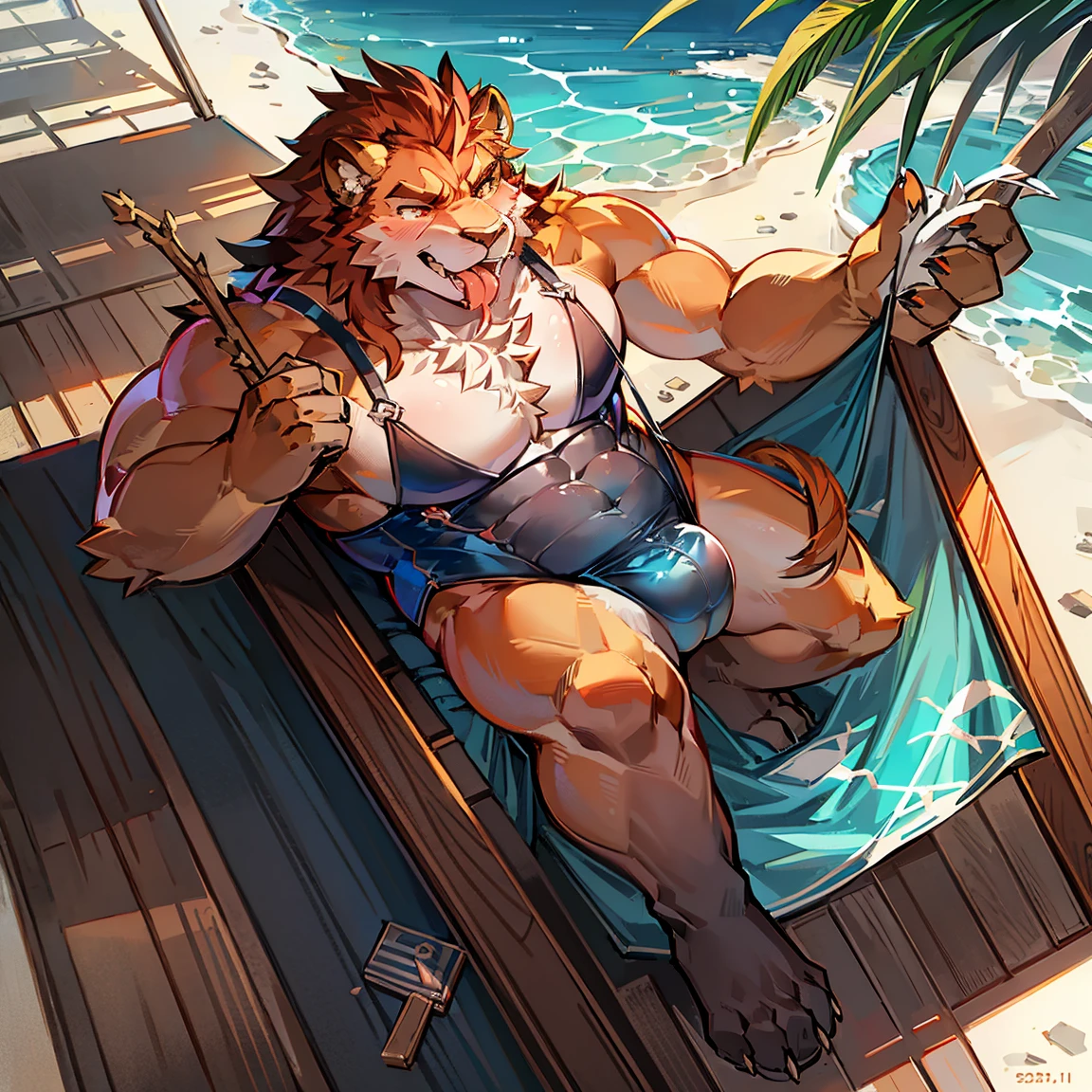 夏天、sea beach、Tight swimsuit、Lion orcs、Muscle tissue、Raised sexy、the only person、Stick out your tongue