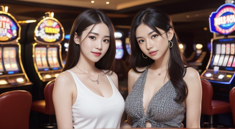 Piece Table, bestquality, real light, finely detail, high-res, 8k wallpapers, Perfect dynamic composition, beautiful detail eyes, medium hair, Full big breasts, Random and sexy poses,Bring your breasts together....、(Very small cropped tank top.... white blouse)、(Chest bulge 1.2)、smile、opened mouth.、Resort View、Age 23 years、(Drone 1.4)、Adult Beauty、japan (Random background,In casinos,VIP casino room, Modern Casino Console, Modern Slot Machines )