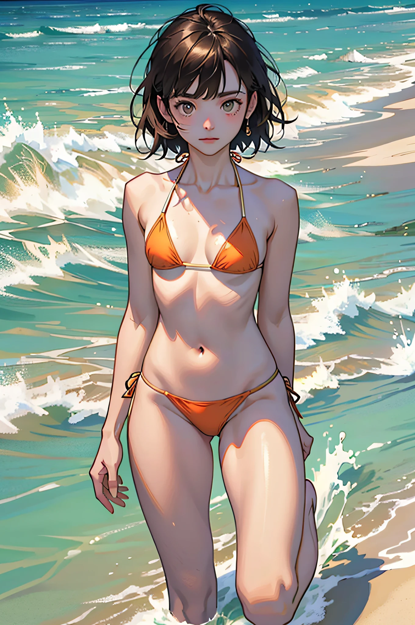 Best Quality, Opening legs,open one's legs,full body Esbian (depth of fields) ,超A high resolution, (Photorealsitic:1.4), Raw photo, shores、the beach (Portrait:1.4) 1日本人の女の子, Solo, Cute, Smile, (eyes are brown), 23years old, Natural face, (Midi Hair), (Small bikini:1.5),Colossal tits, light eyebrow,tthin eyebrows,