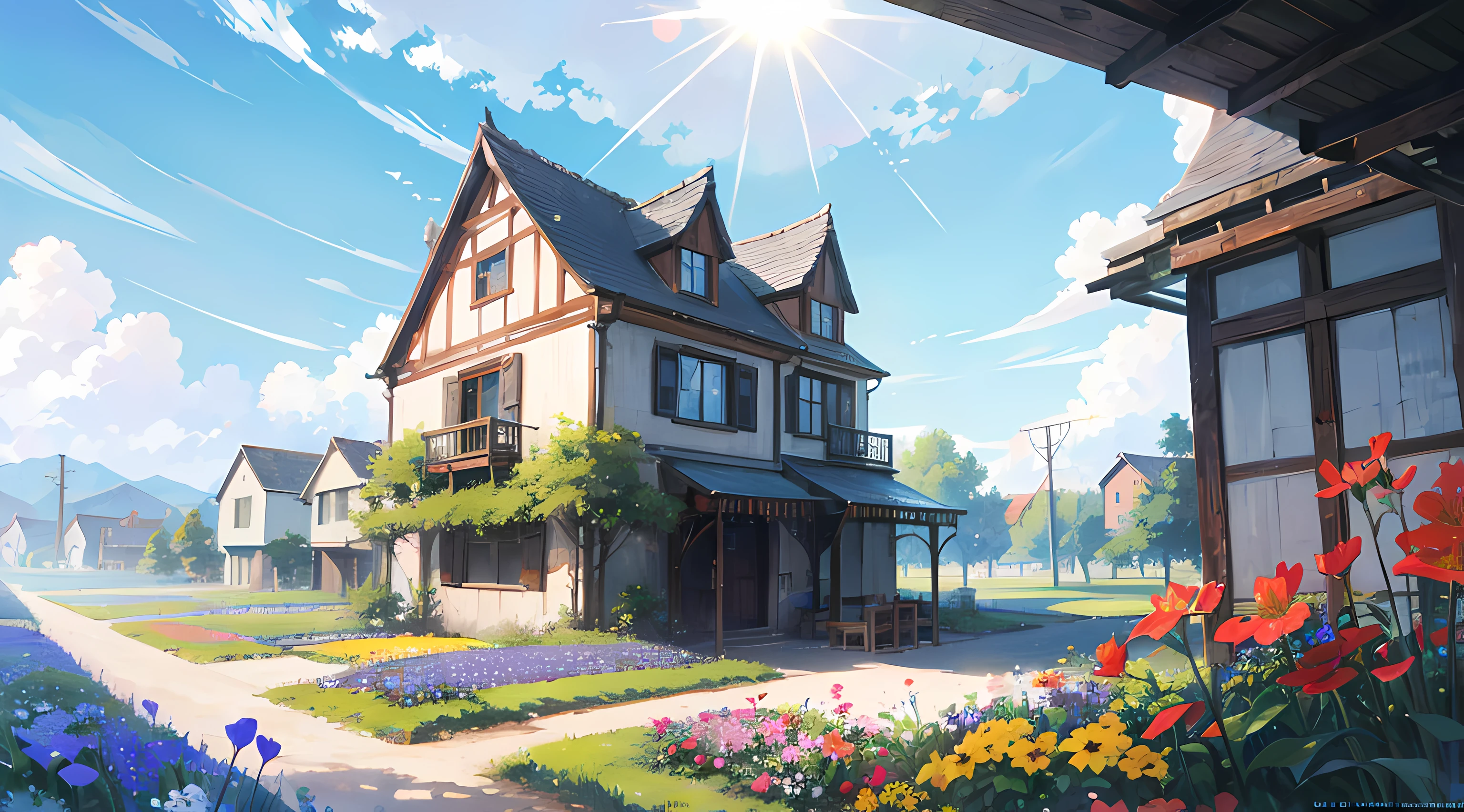 flowers field, colorful flowers, small buildings in the background, beautiful blue sky, beautiful sunlight, colorful anime artwork, distant view, amazing scenery, amazing visuals, beautiful anime artwork, ultrasharp, masterpiece, high res, 8k