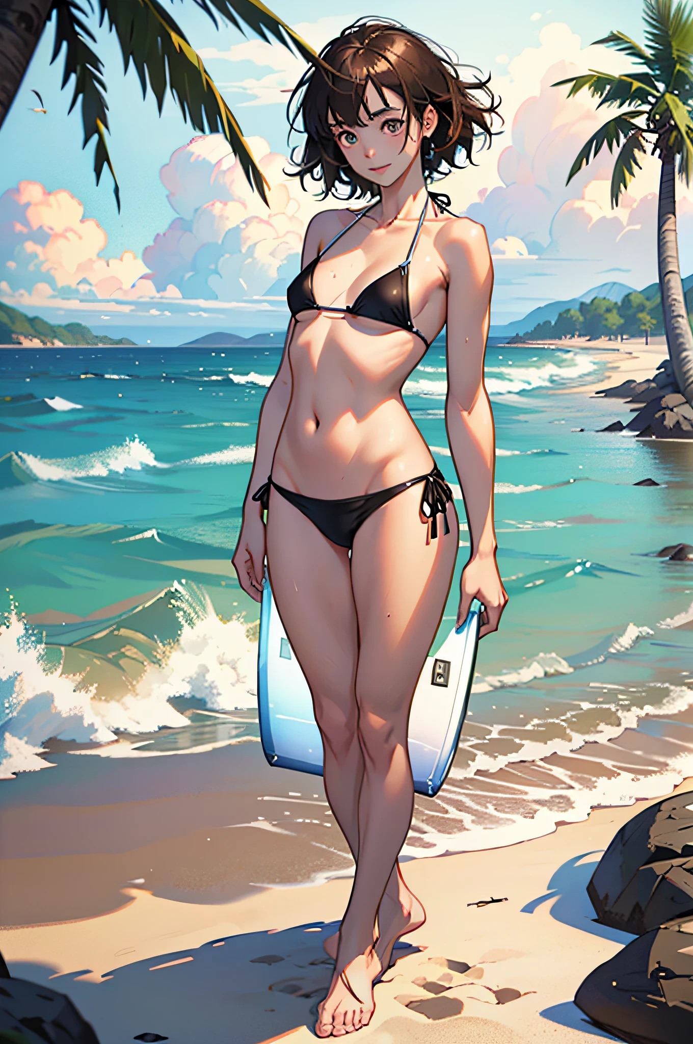 Best Quality, Opening legs,open one's legs,full body Esbian (depth of fields) ,超A high resolution, (Photorealsitic:1.4), Raw photo, shores、the beach (Portrait:1.4) 1日本人の女の子, Solo, Cute, Smile, (eyes are brown), 23years old, Natural face, (Midi Hair), (Small bikini:1.5),Colossal tits, light eyebrow,tthin eyebrows,