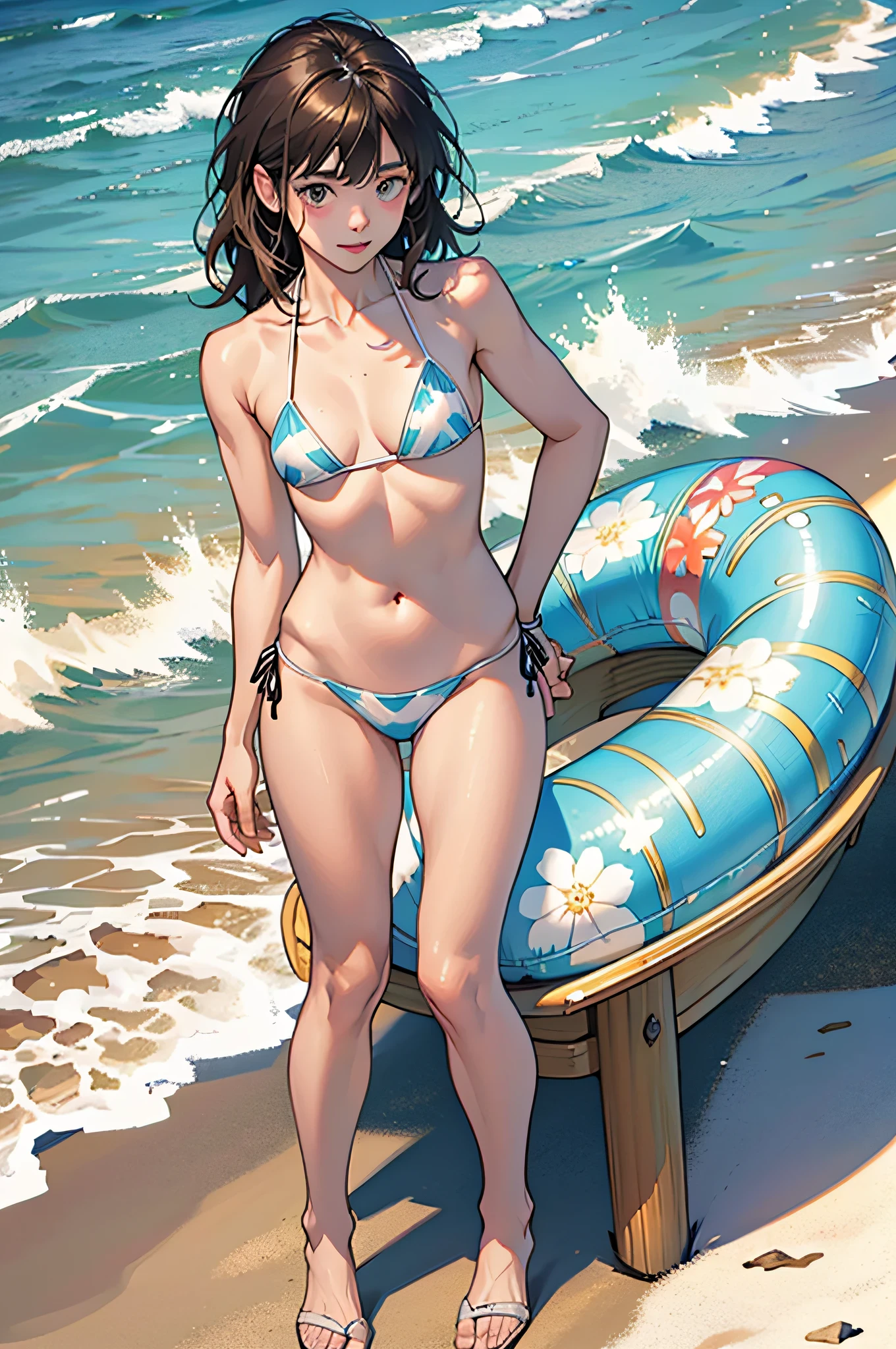 Best Quality, Opening legs,open one's legs,full body Esbian (depth of fields) ,超A high resolution, (Photorealsitic:1.4), Raw photo, shores、the beach (Portrait:1.4) 1日本人の女の子, Solo, Cute, Smile, (eyes are brown), 23years old, Natural face, (Midi Hair), (Small bikini:1.5),Colossal tits, light eyebrow,tthin eyebrows,