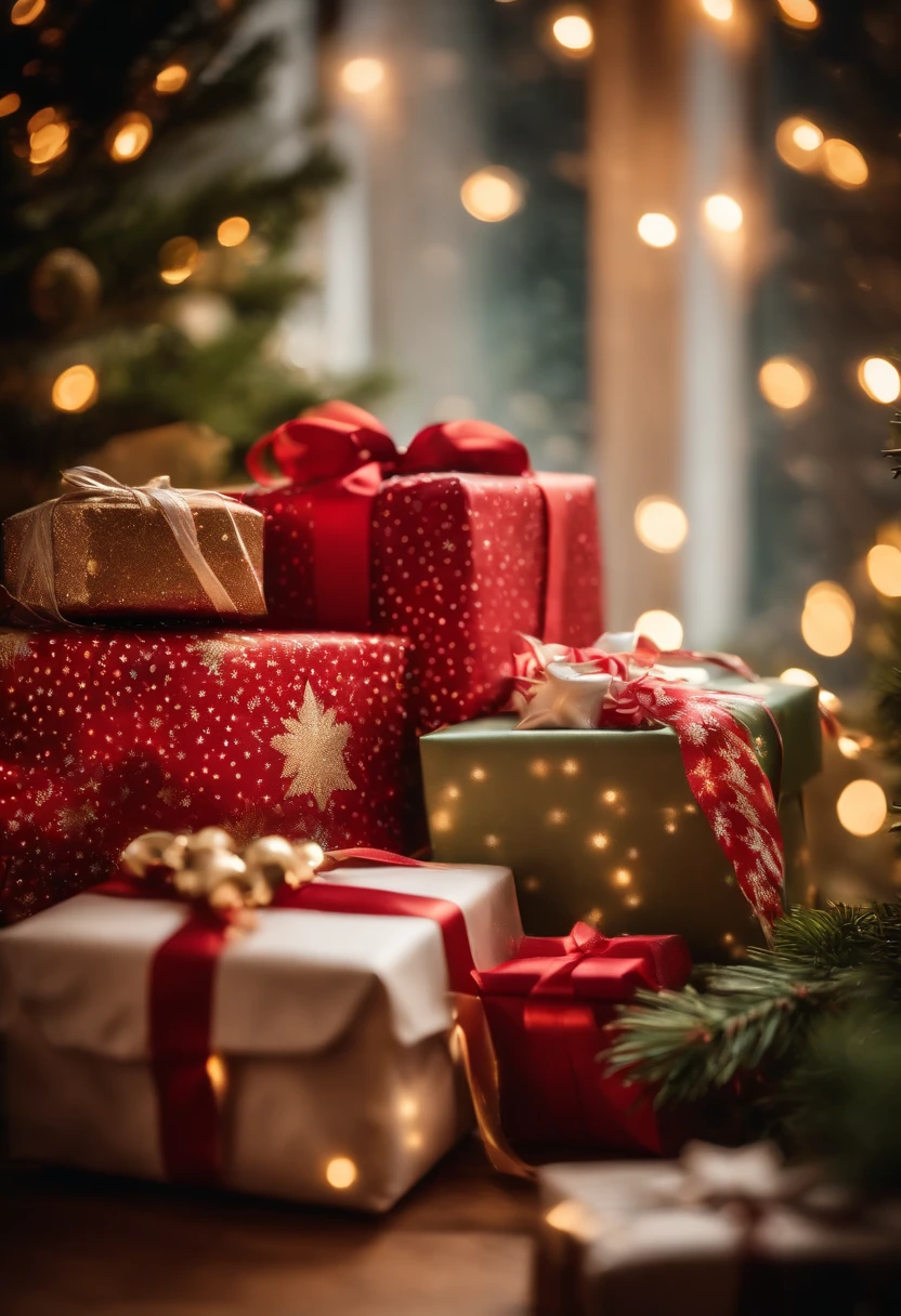 A stack of neatly wrapped Christmas gifts of various sizes and patterns, surrounded by festive greenery and twinkling lights.