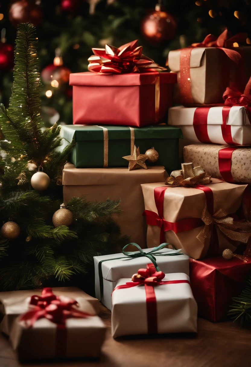 A stack of neatly wrapped Christmas gifts of various sizes and patterns, surrounded by festive greenery and twinkling lights.