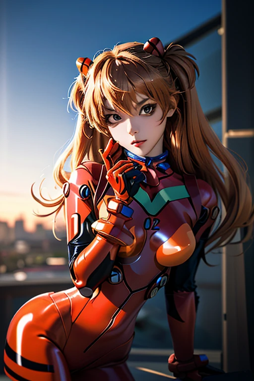 (masutepiece, Best Quality), 1girl in, Beautiful face, Asuka Cosplay Costume, Cosplay, plugsuit, body suit, Hair Ornament,