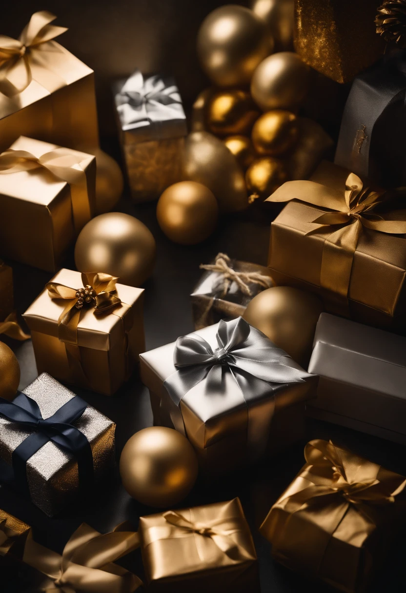 A collection of color-coordinated gifts, all wrapped in elegant silver or gold wrapping paper, arranged in a visually pleasing composition.