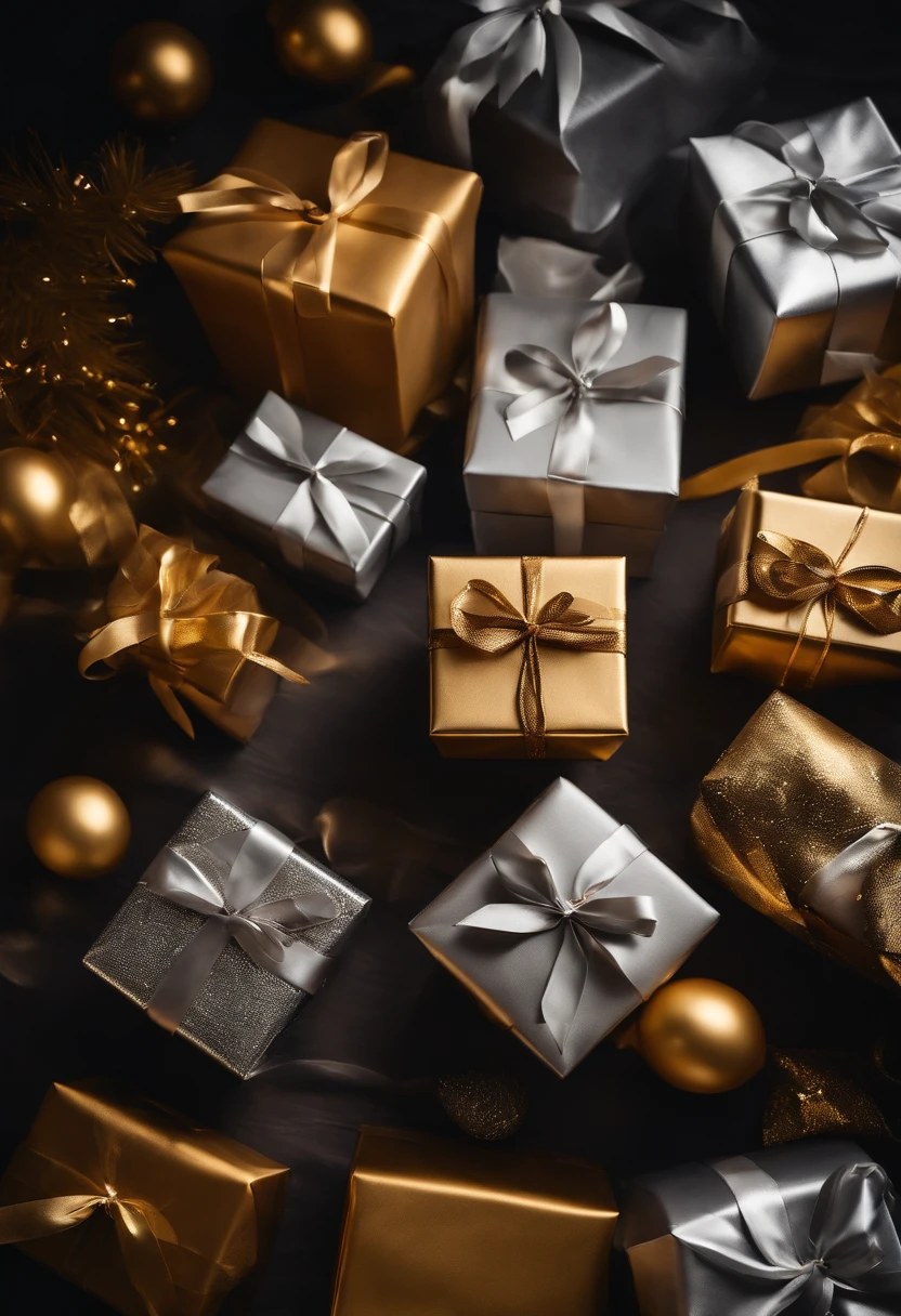 A collection of color-coordinated gifts, all wrapped in elegant silver or gold wrapping paper, arranged in a visually pleasing composition.