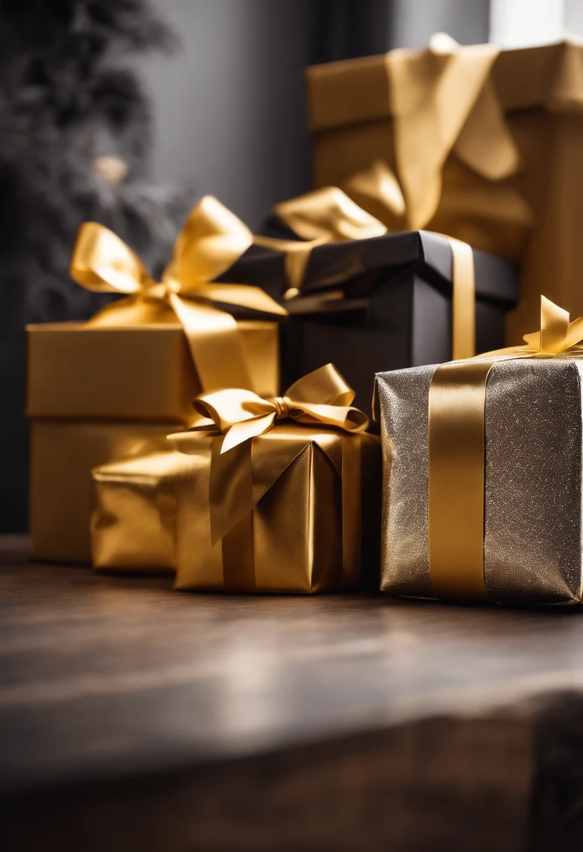 A collection of color-coordinated gifts, all wrapped in elegant silver or gold wrapping paper, arranged in a visually pleasing composition.