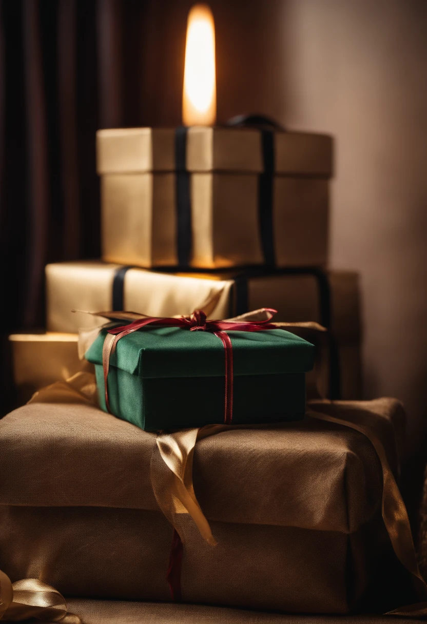 A pile of gifts with different textures and materials, such as velvet, burlap, and metallic finishes, creating an interesting and tactile display.