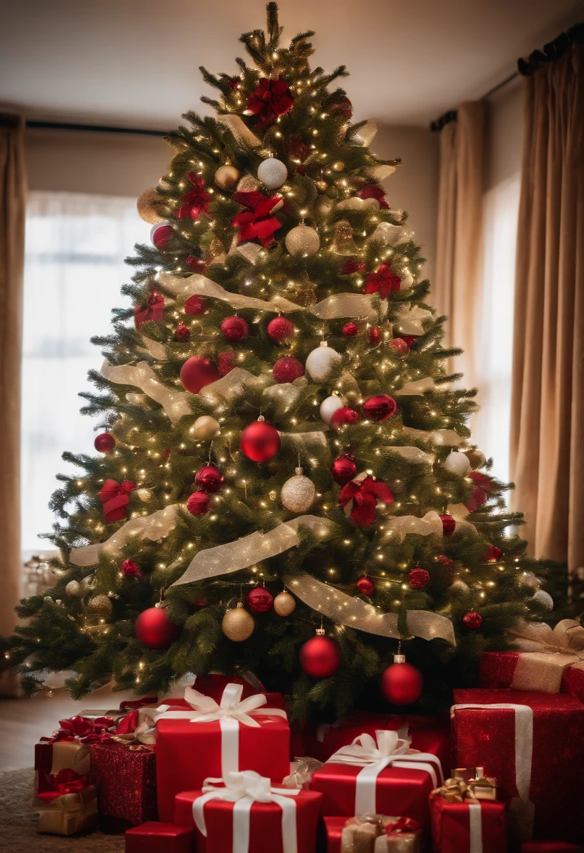 A shot of a beautifully decorated Christmas tree with a pile of presents underneath, capturing the excitement and anticipation of the holiday season.