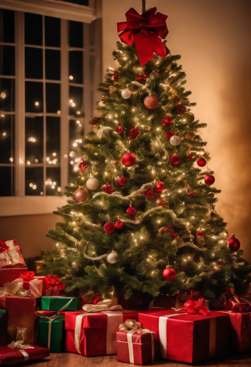 A shot of a beautifully decorated Christmas tree with a pile of presents underneath, capturing the excitement and anticipation of the holiday season.