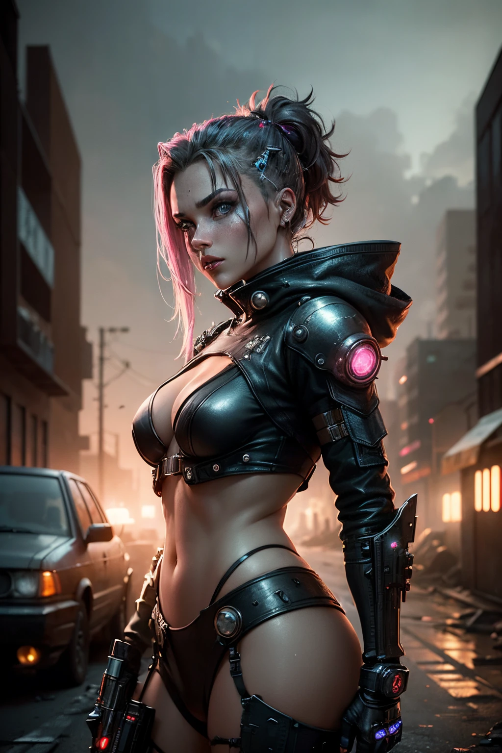 1 young woman, science fiction, complex background,punk, mad max, futuristic, post-apocalyptic, dark, dim light, (masterpiece:1.2), ultra-detailed, (photorealistic:1.37), HDR, UHD, extreme detail description, professional, vivid colors, bokeh, portraits, landscape, horror, anime, sci-fi, photography, concept artists, vibrant colors, surreal atmosphere, mechanical elements, cyberpunk fashion, futuristic technology, gritty and worn textures, abandoned urban environment, a mix of metal and neon lights, dust and smoke in the air, a damaged vehicle in the background, glowing energy orbs hovering around, the young woman wearing a futuristic armor suit, with glowing eyes and cybernetic enhancements, holding a high-tech weapon, with powerful digital effects surrounding her.