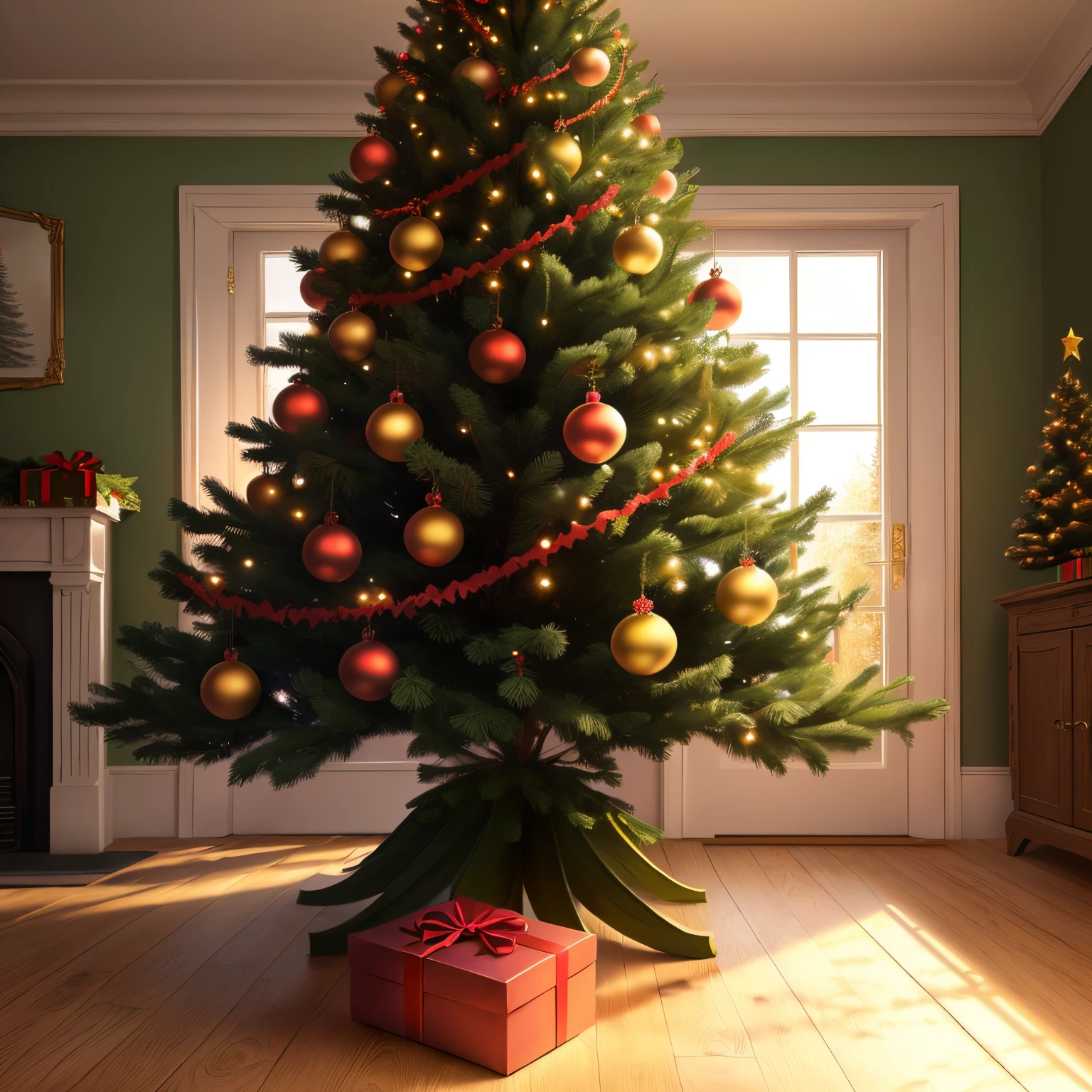 Lutins vert qui tirent un sapin pour Noël, dessin d’enfant