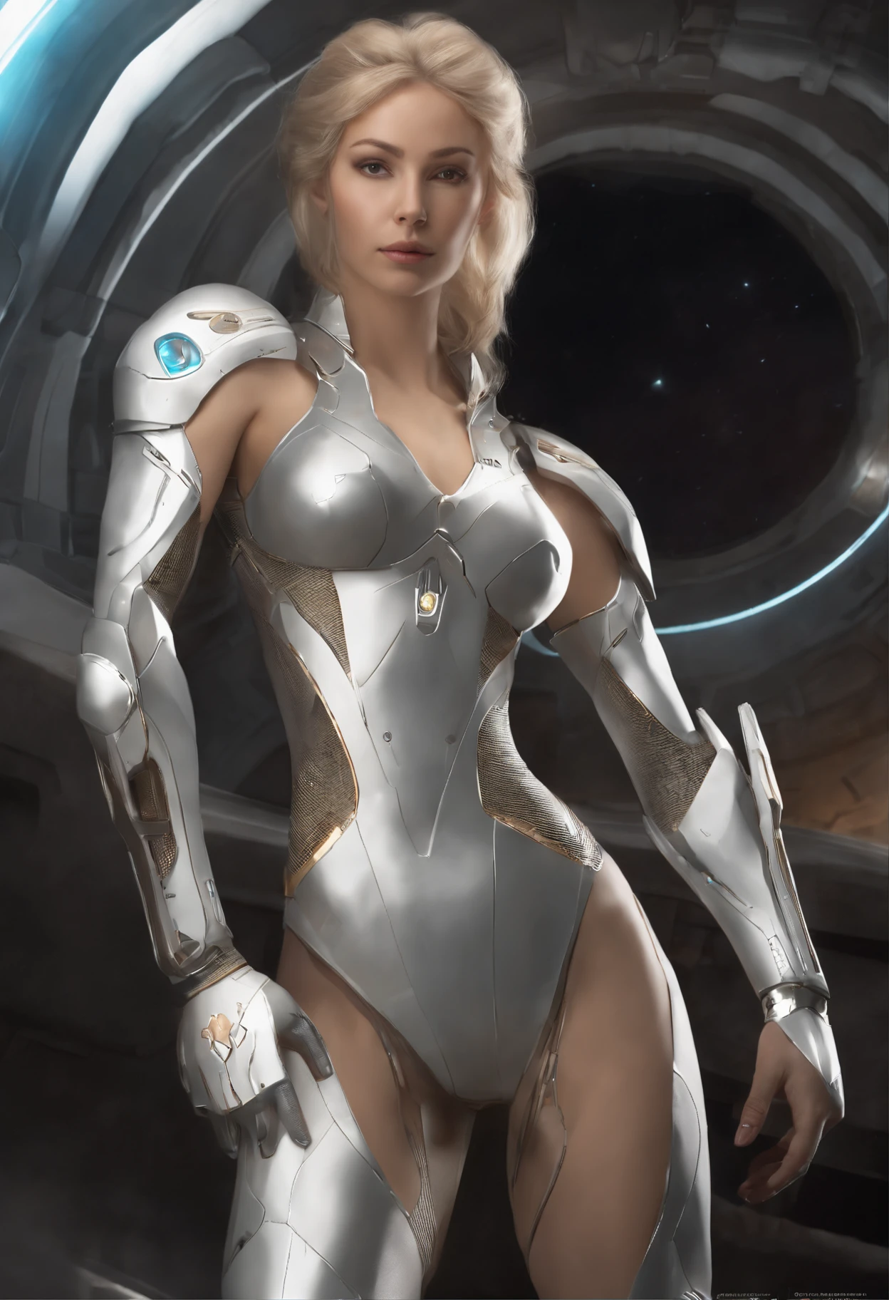 ((in a spaceship traveling:1.8)), ((holding weapon 1.8, facing forward:1.8, show beautiful body and determination at the camera 1.8)), ((full body: with weapons 1.8)), Smiling smile, 1girl in, 18year old, 7headed body, Ideal ratio body proportions, erectile nipple, Medium Hair, small tits, A slender, Small buttocks, beauty legs, Skinny Legs, surrealism, Cinematic lighting, depth of fields, One-person viewpoint, F/1.8, 135 mm, nffsw, masutepiece, ccurate, Anatomically correct, Textured skin, Super Detail, high details, High quality, awardwinning, Best Quality, hight resolution, 8K Create an ultra-realistic portrait of Eira, the younger sister of Astrid, emerging as a promising space warrior from the planet Terra Nova. She shares the beauty, agility, and burgeoning warrior spirit of her older sibling. Eira is marked by her short, golden hair that cascades like a shooting star, and her bright, piercing blue eyes that mirror the youthful hope and potential she holds for the future. Her armor is the latest iteration of Terra Nova's technological evolution, form-fitting and designed to support her rapid development in both strategy and combat. The armor balances functionality with a sleek design, symbolizing her role as a new torchbearer of unity and a fresh face of discovery. The lighting should be gentle yet empowering, highlighting her fresh-faced but resolute expression, and the modern details of her suit. The background is a soft-focus glimpse of Terra Nova's landscape, representing the world she's training to protect. This image should radiate her fervent dedication to her planet and her people, capturing her essence as the nascent guardian nurtured by the Aegis AI, poised to meet the challenges of the cosmos alongside her sister