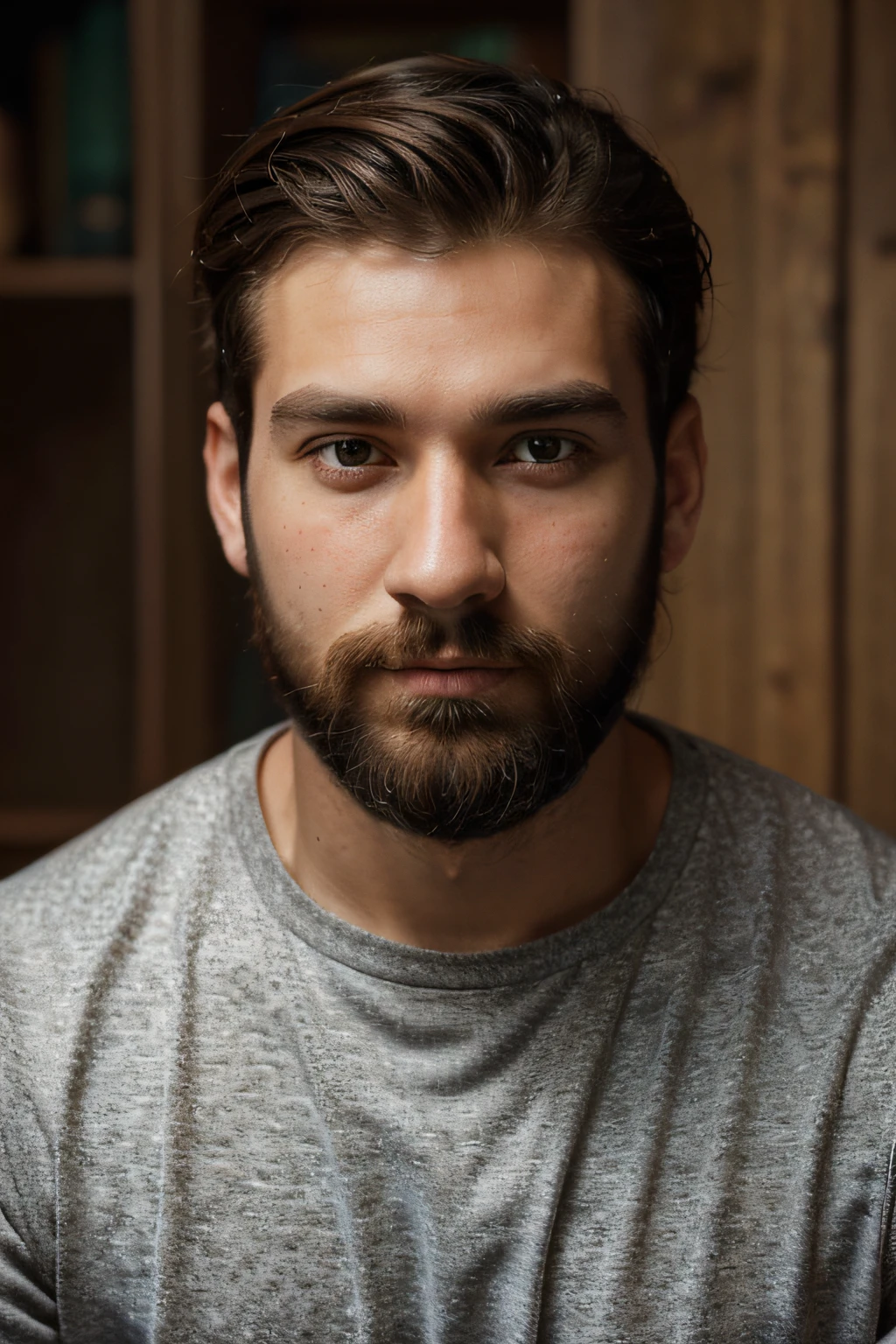 (Best Quality,hight resolution:1.2),Ultra-detailed,Realistic,Portrait:1.37,26 year old man,standing tall,with a full beard on his face,short hairstyle,looking up at the camera,hands folded. Different poses