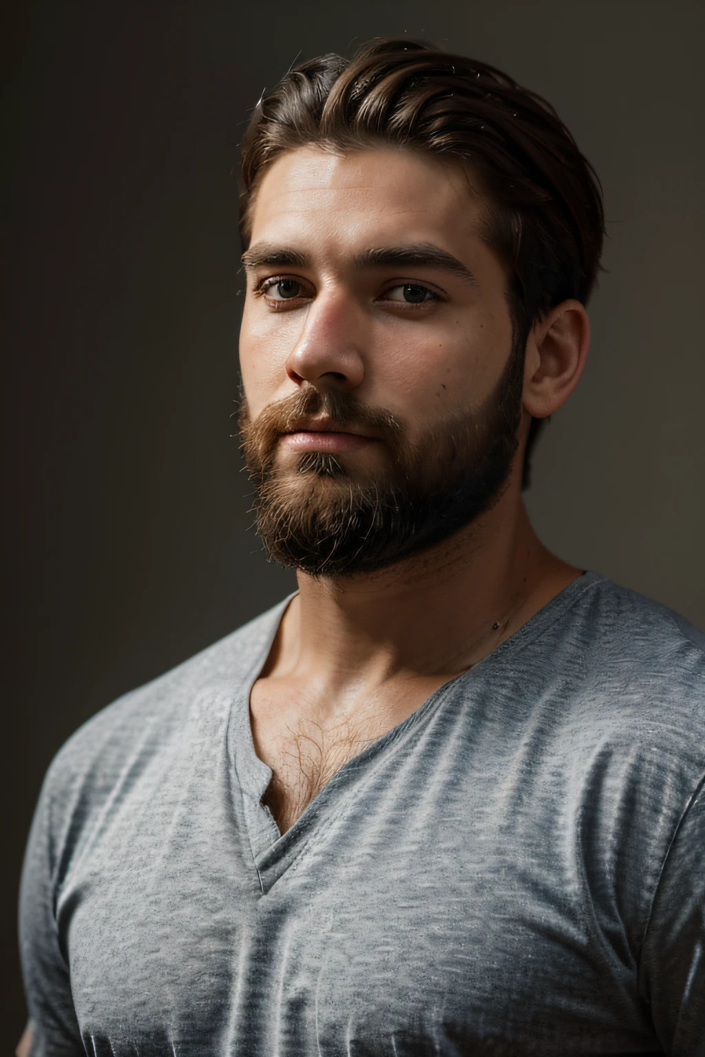 (Best Quality,hight resolution:1.2),Ultra-detailed,Realistic,Portrait:1.37,26 year old man,standing tall,with a full beard on his face,short hairstyle,looking up at the camera,hands folded. Different poses