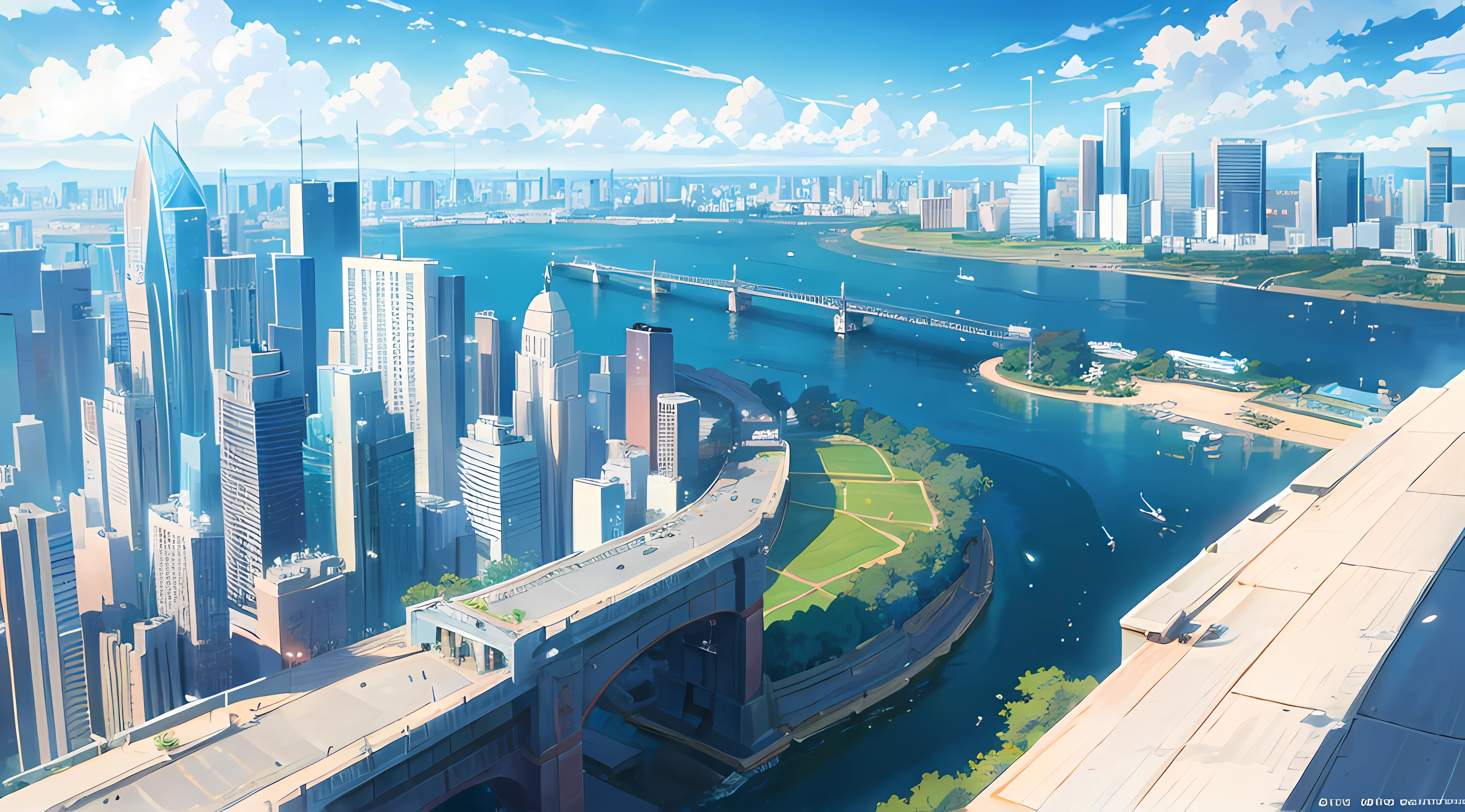 big city, tall buildings in the background, small river, beautiful blue sky, beautiful sunlight, distant view, looking from above, colorful anime artwork, amazing scenery, amazing visuals, beautiful anime artwork, ultrasharp, masterpiece, high res, 8k