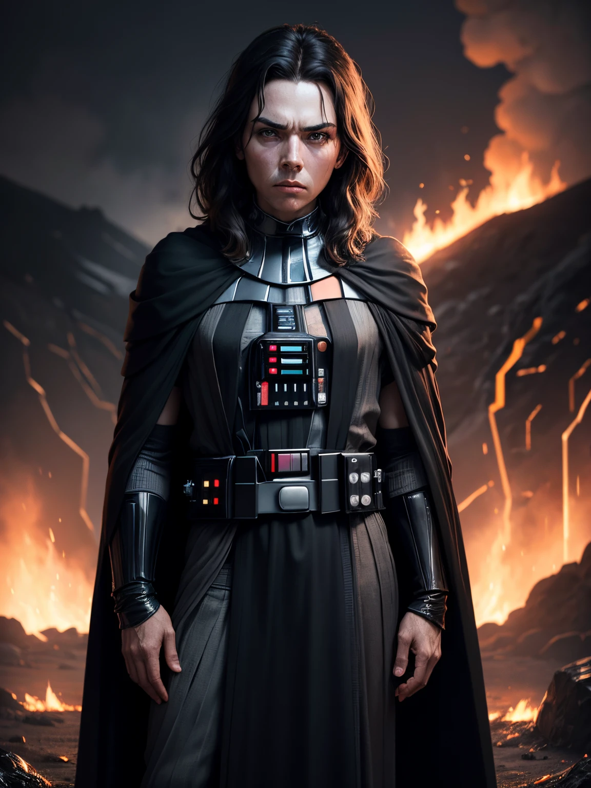 Photorealistic, Darth Vader, dramatic lighting, grey skin, naked, black robe, black helmet, frowning, standing beside molten volcanic lava, smoke, sexy, Darth Vader played by Jodie Comer