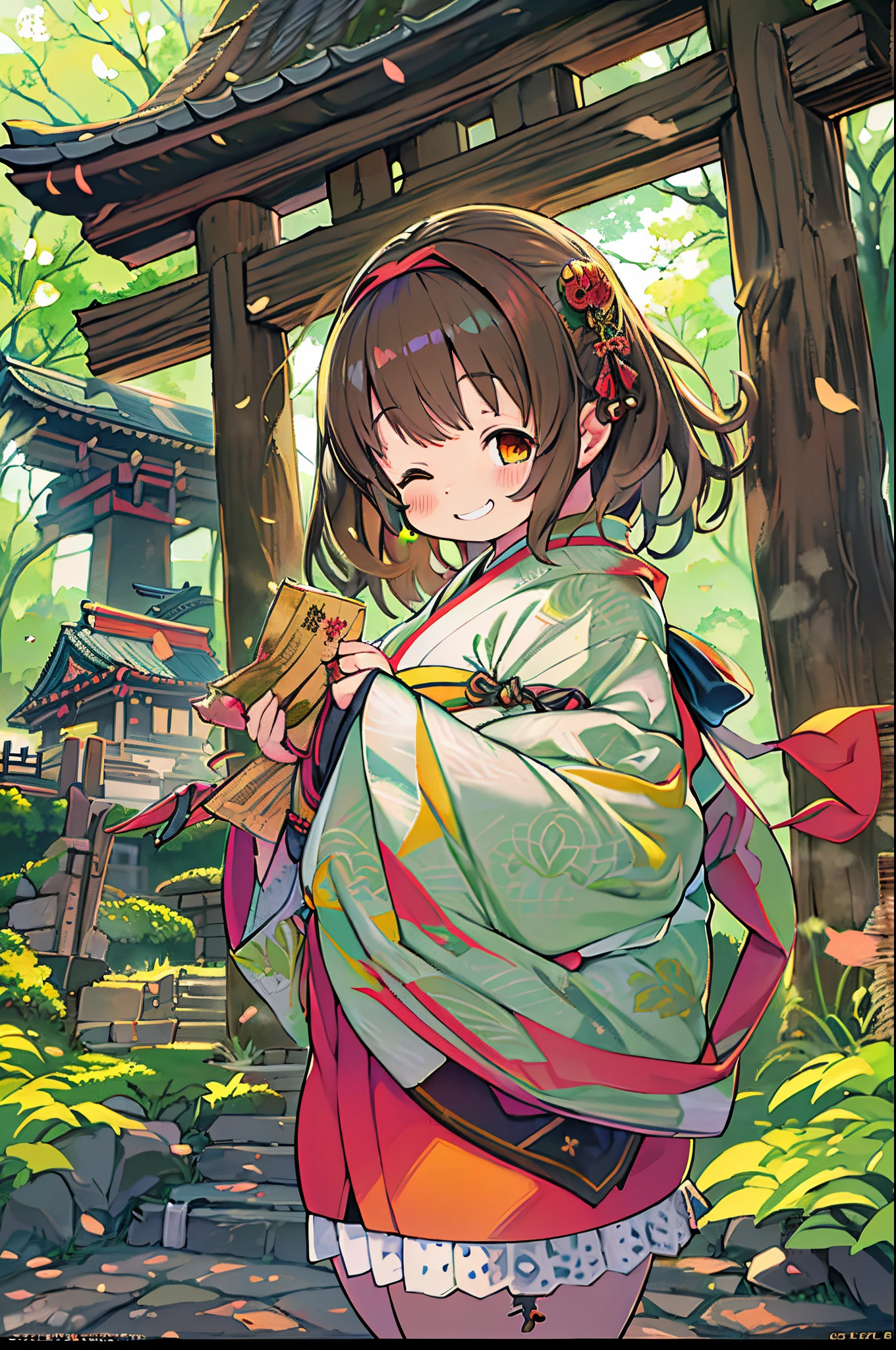 huge-breasted、kawaii、Sunny Clothes、japanese kimono、torii gate,((Oblique angle))、{{close up to face}}、one eye closed、8 girl、winking、A big smile、bbw、thick thight、big butts、Ultramammy,Chibi, autumn day,kaede、 Pines, Anime Background Art, japanese art style, beautiful anime scene, detailed scenery - width 672, Background art, Anime landscapes, Anime Background, Beautiful anime scenery, Beautiful peace scenes in anime, landscape artwork, Japan Village, Anime landscape concept art, 8K))、a lot of fallen leaves、