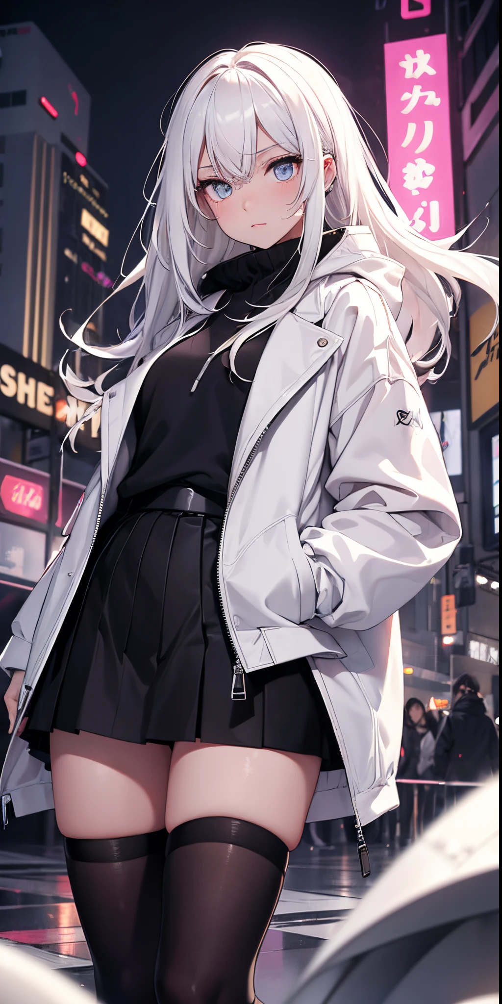 a girl,nightcity,Sateen,Sweatshirt jacket,White coat,white color hair,Amber eyes,One-handed pocket,black short skirt,drenched clothes,nudegirl,blackstockings,drenched clothes