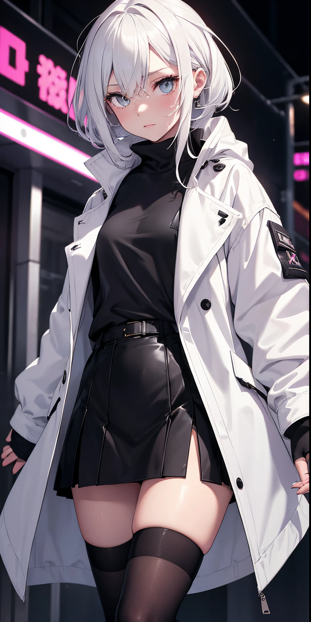 a girl,nightcity,Sateen,Sweatshirt jacket,White coat,white color hair,Amber eyes,One-handed pocket,black short skirt,drenched clothes,nudegirl,blackstockings,drenched clothes