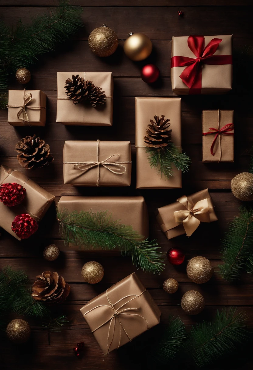 A flat lay composition featuring a mix of wrapped gifts, ornaments, and pine cones, arranged on a rustic wooden table for a cozy and rustic feel.