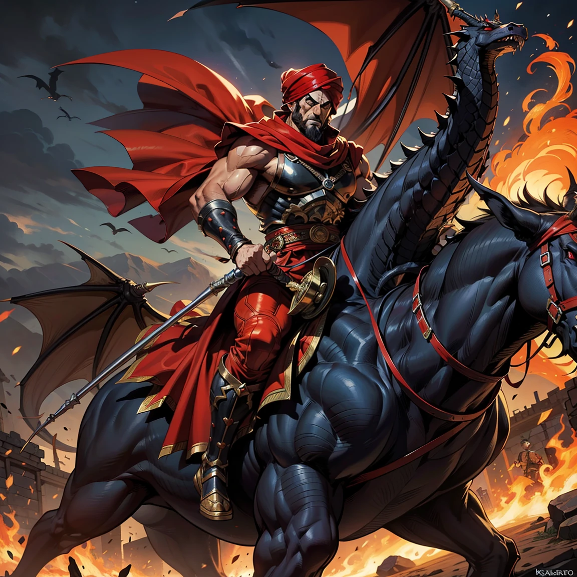 Super Detailed Dynamic Shot of Lord Dracula's Centerpiece Medieval Arab Warrior with a Red Turban Scary Face Hokuto No Ken Structure Muscular Face Kenshiro riding a legendary fire dragon Scary dragon marching with his Moroccan army