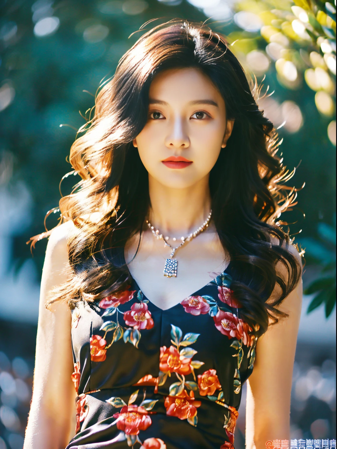 top-quality、tmasterpiece、超高分辨率、(真实感:1.5)、RAW photos、1 girl in、Shady、Depth shadows、unobtrusive、cold light、Sexy appearance、Long gray hair，curlies、((Luxury evening dress))、((luxury painting))、((Luxurious necklaces))、((Floral hair ornament))、((the hair_decor))，HighDynamicRange